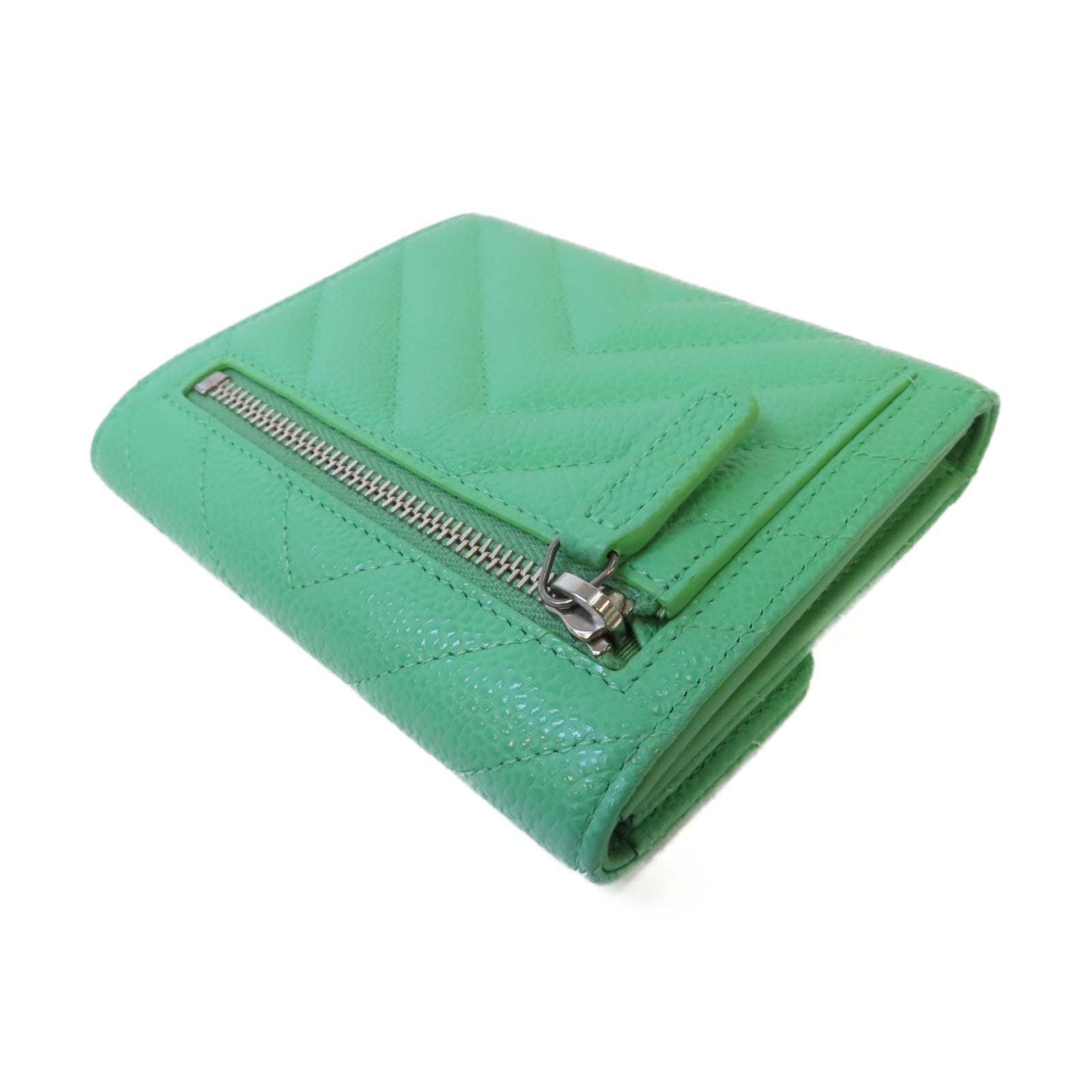CHANEL 斜紋牛皮皮革Fold Wallet銀扣錢包綠色