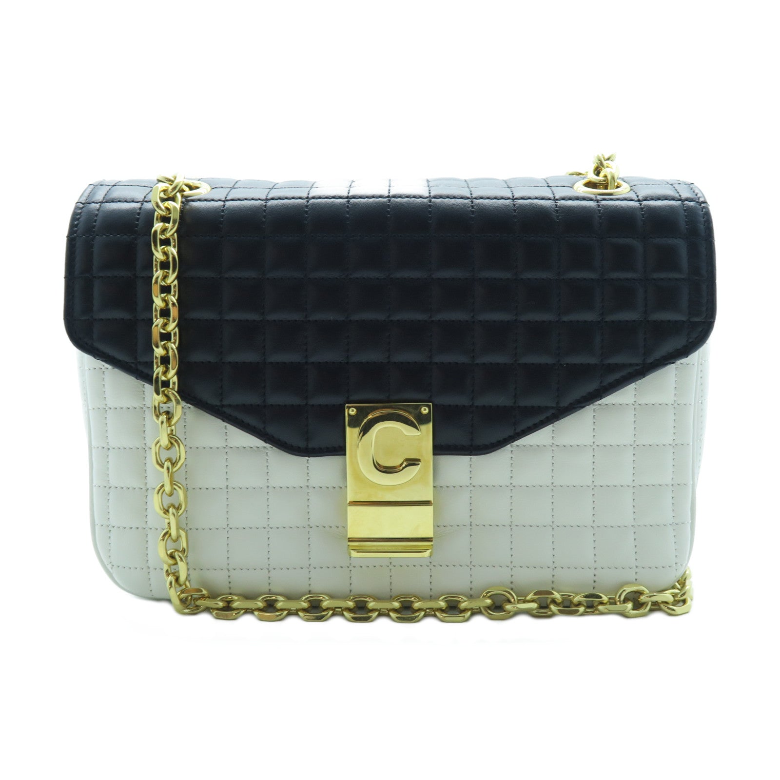 CELINE 牛皮皮革Chain Shoulder金扣鏈帶肩背袋黑色/白色