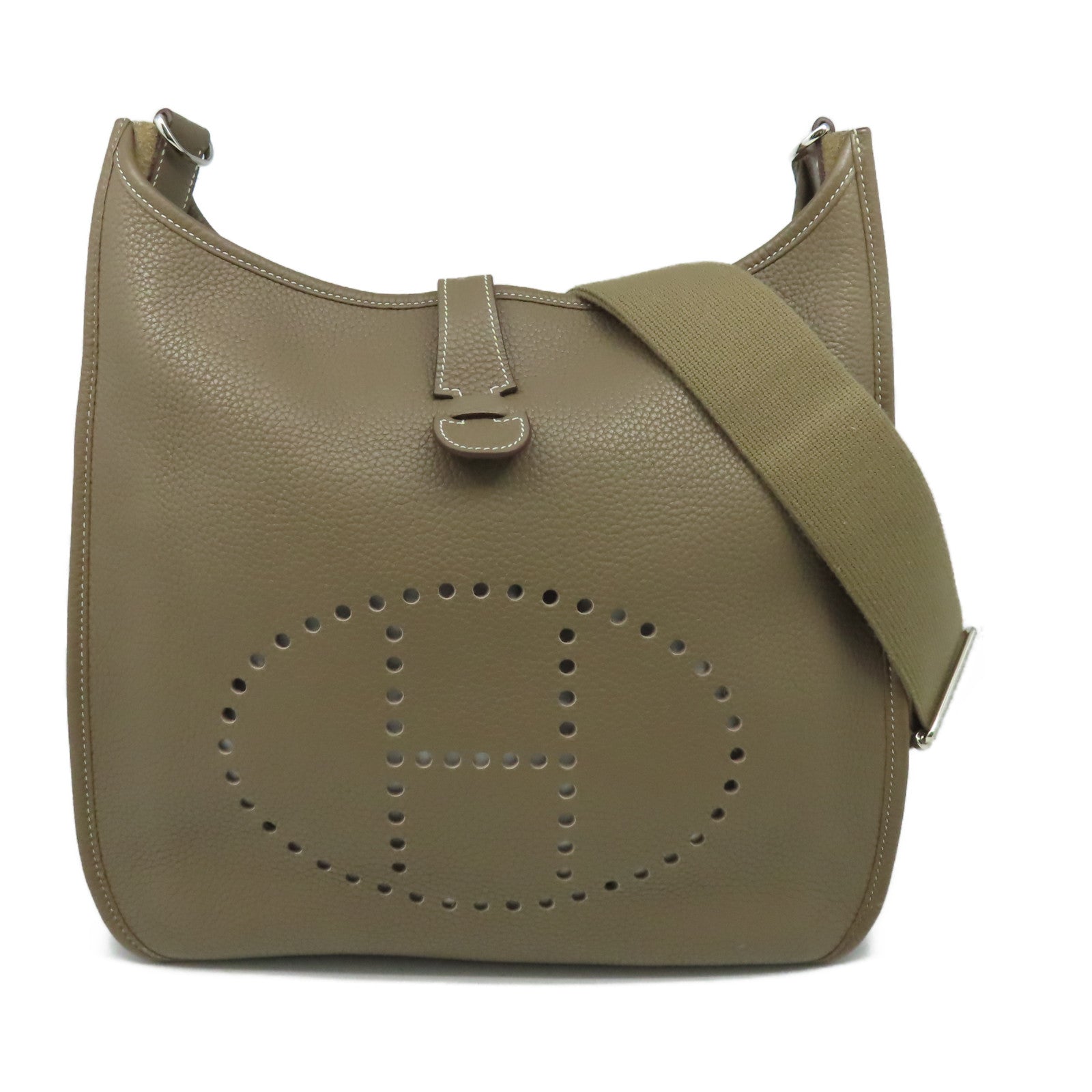 HERMES Clemence皮革Evelyne GM銀扣肩背袋大象灰色