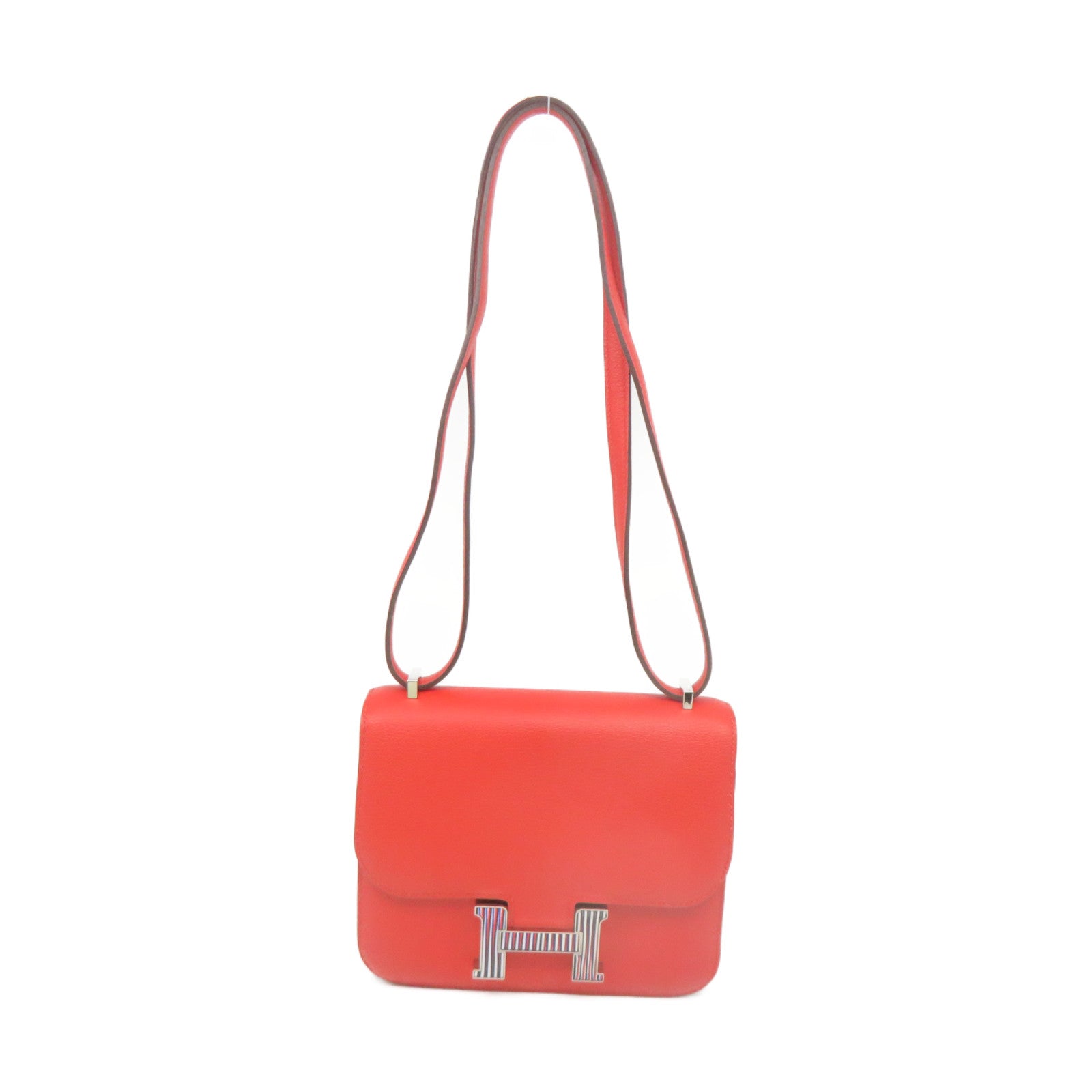 HERMES 【激減優惠】Evercolor皮革Constance Mini Shoulder Bag銀扣肩背袋Capucine火焰紅色