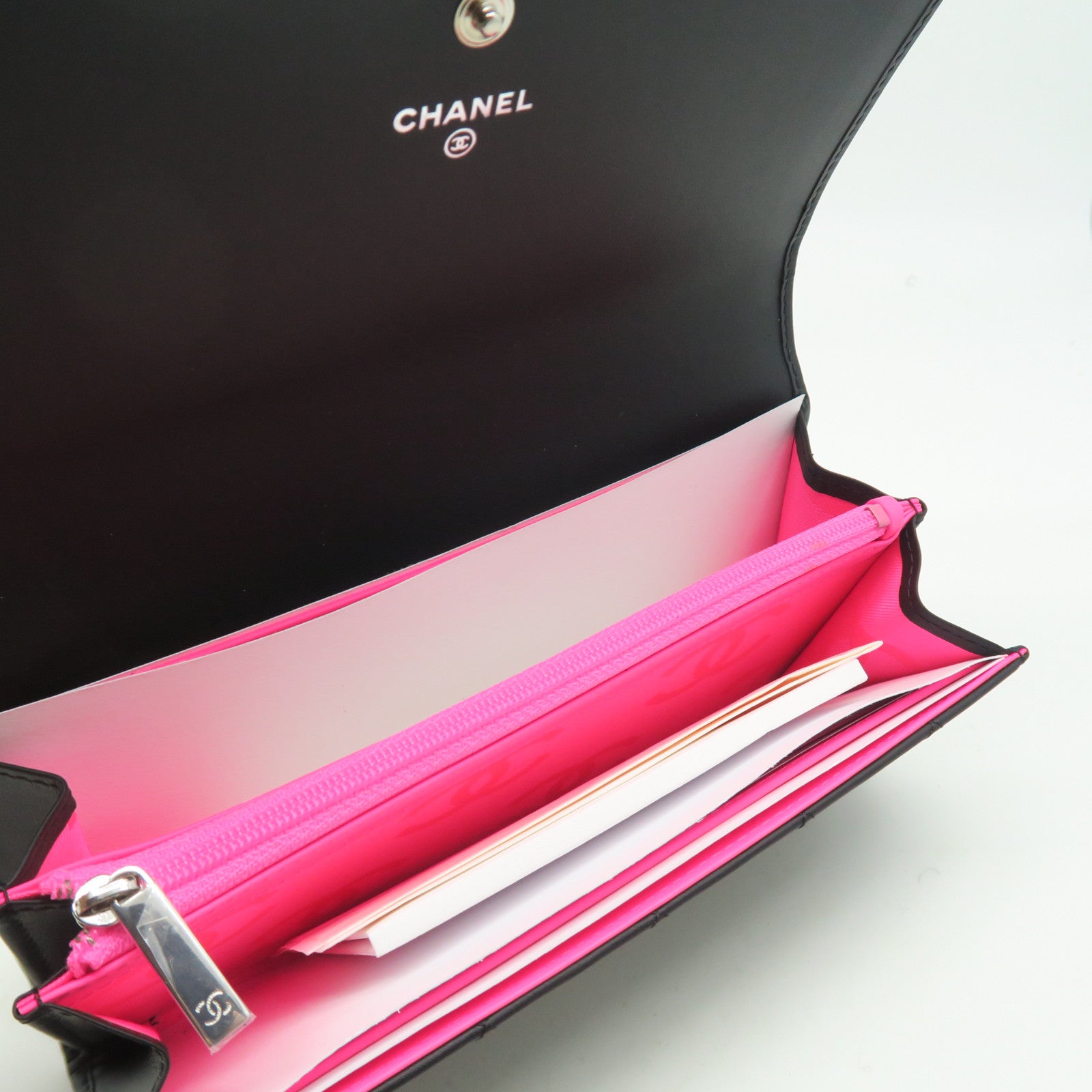 CHANEL 菱格牛皮皮革Cambon Wallet銀扣長錢包黑色