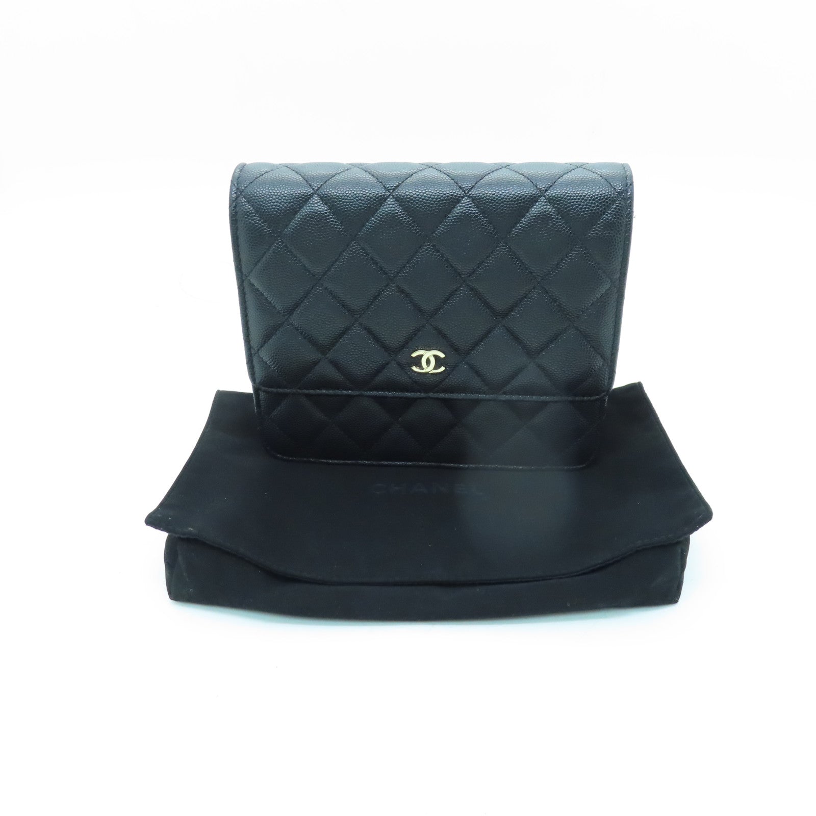 CHANEL 菱格Caviar皮革Chain Shoulder銀扣鏈帶肩背袋黑色