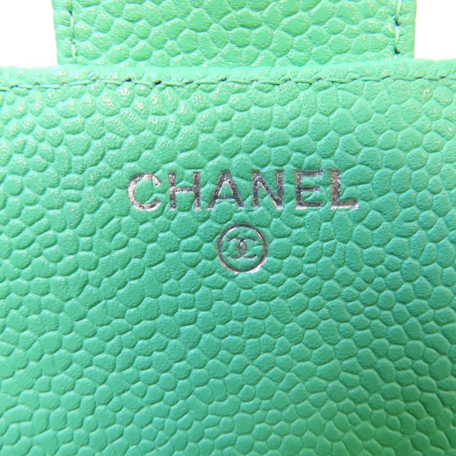 CHANEL 斜紋牛皮皮革Fold Wallet銀扣錢包綠色