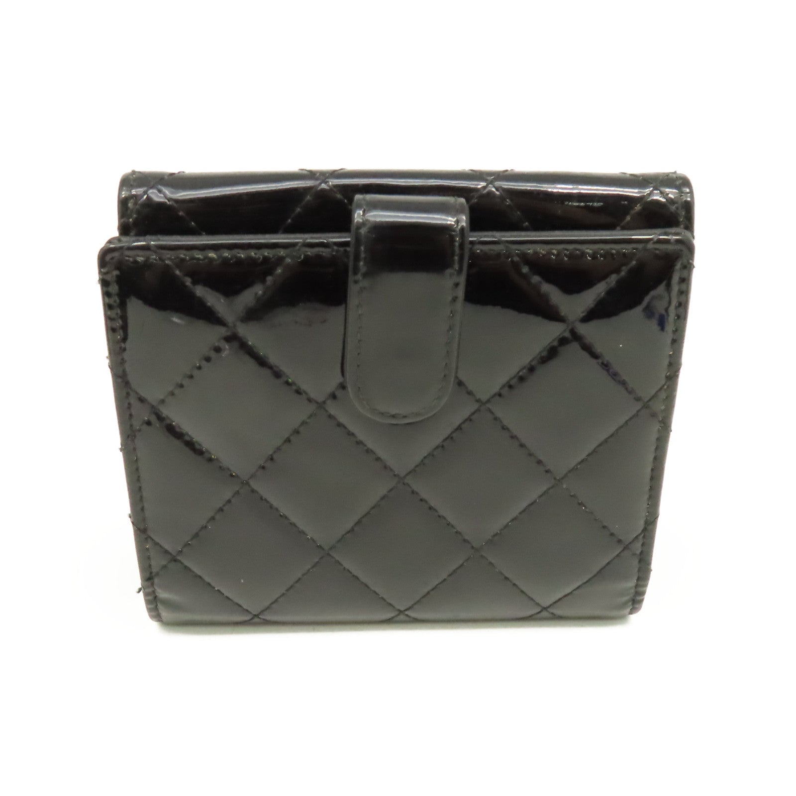 CHANEL 菱格漆皮皮革Short Wallet銀扣短錢包黑色