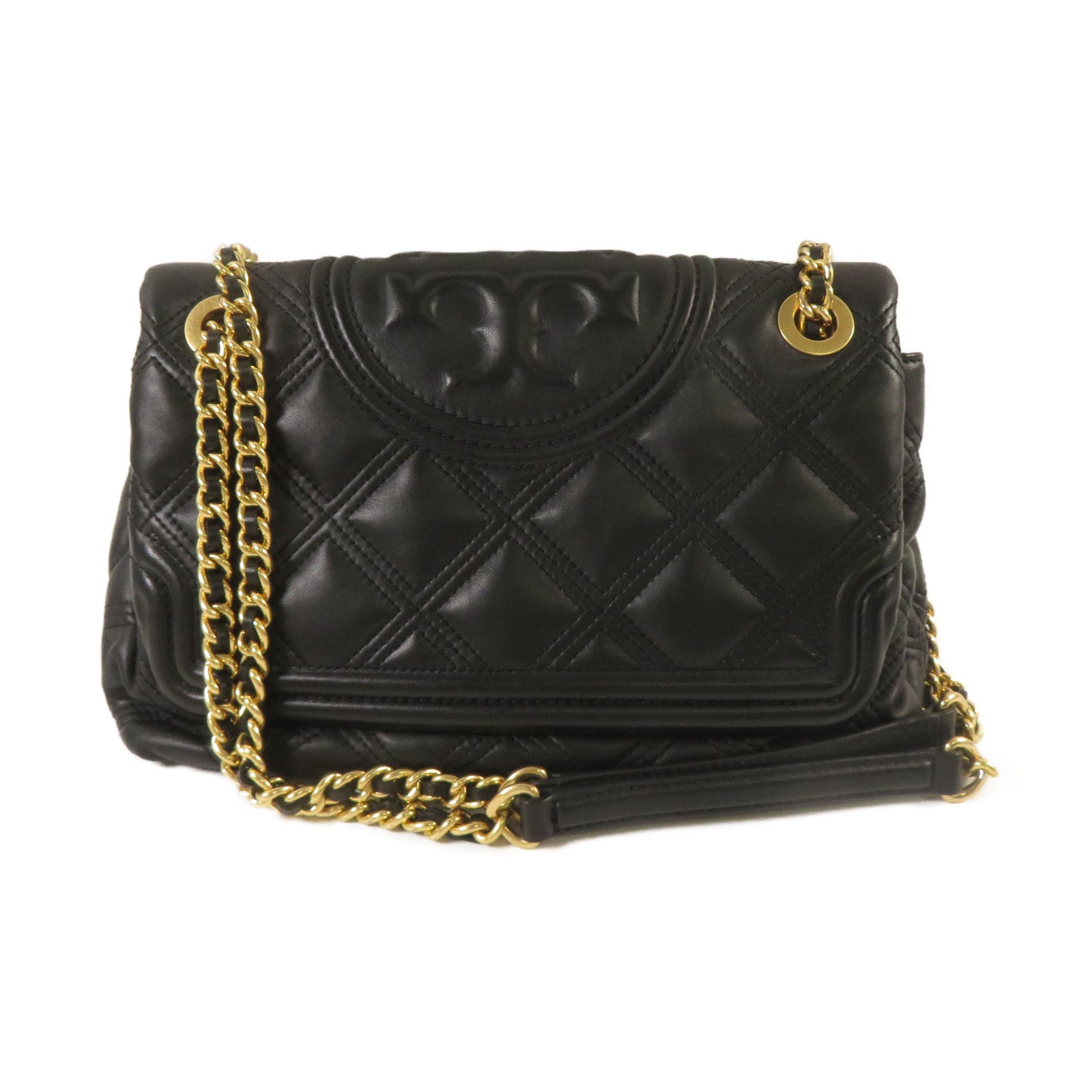 Tory Burch 菱格羊皮皮革Chain Shoulder金扣鏈帶肩背袋黑色