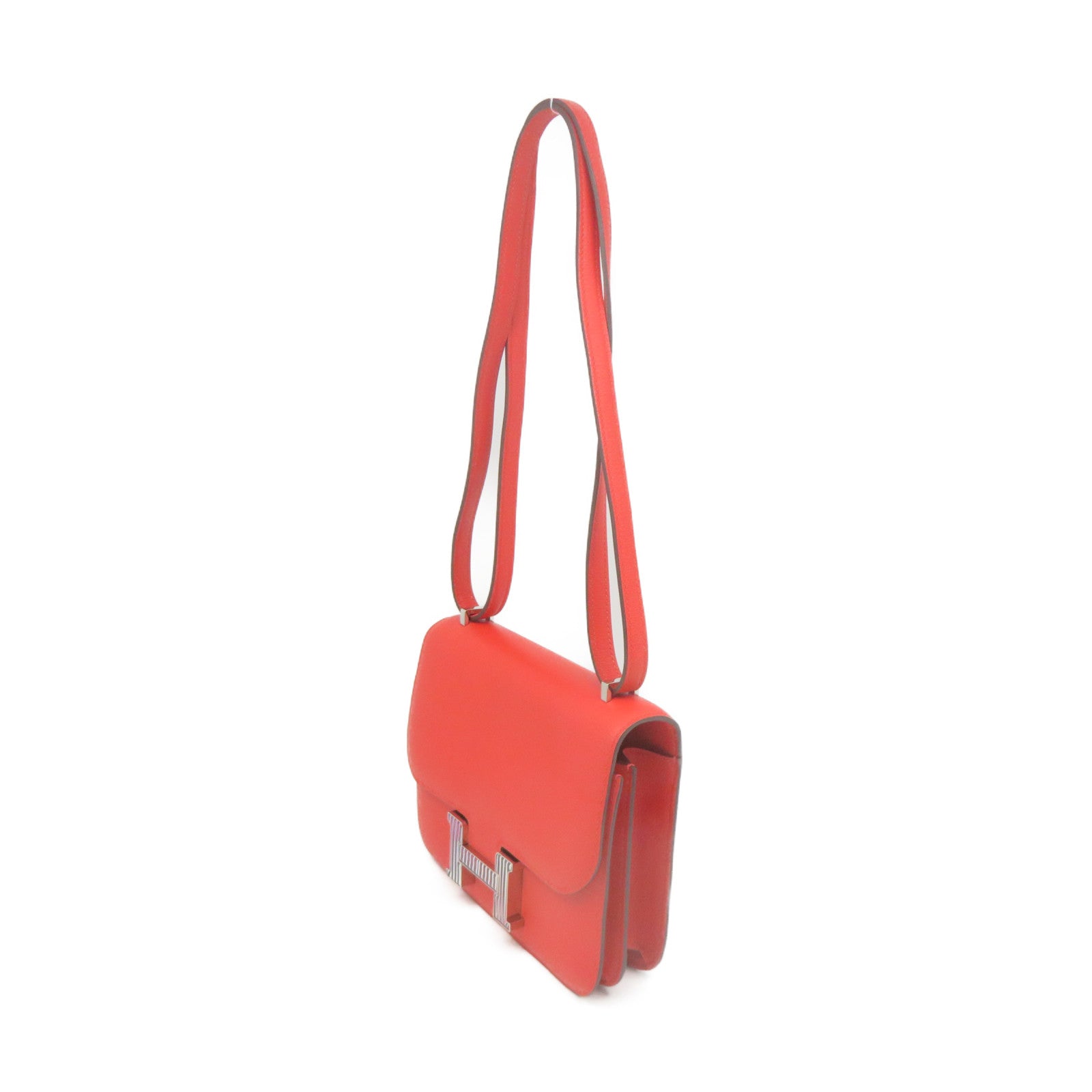 HERMES 【激減優惠】Evercolor皮革Constance Mini Shoulder Bag銀扣肩背袋Capucine火焰紅色