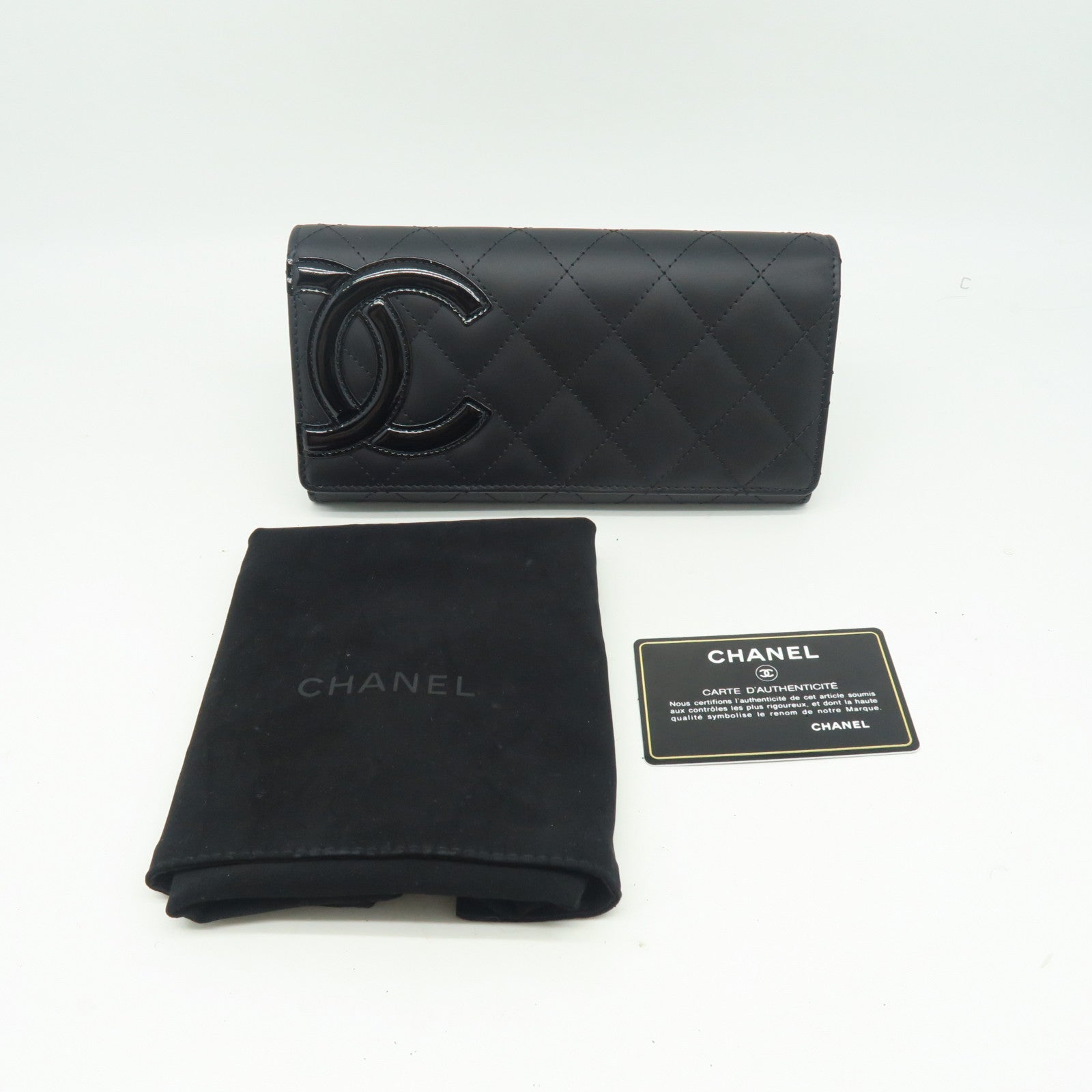 CHANEL 菱格牛皮皮革Cambon Wallet銀扣長錢包黑色