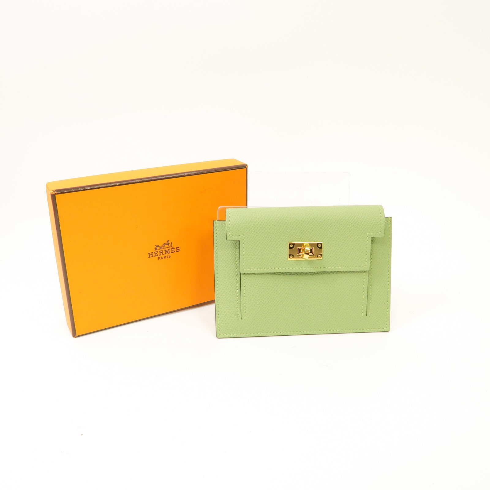 HERMES Epsom皮革Kelly Pocket金扣零錢包Vert Criquet浅綠色