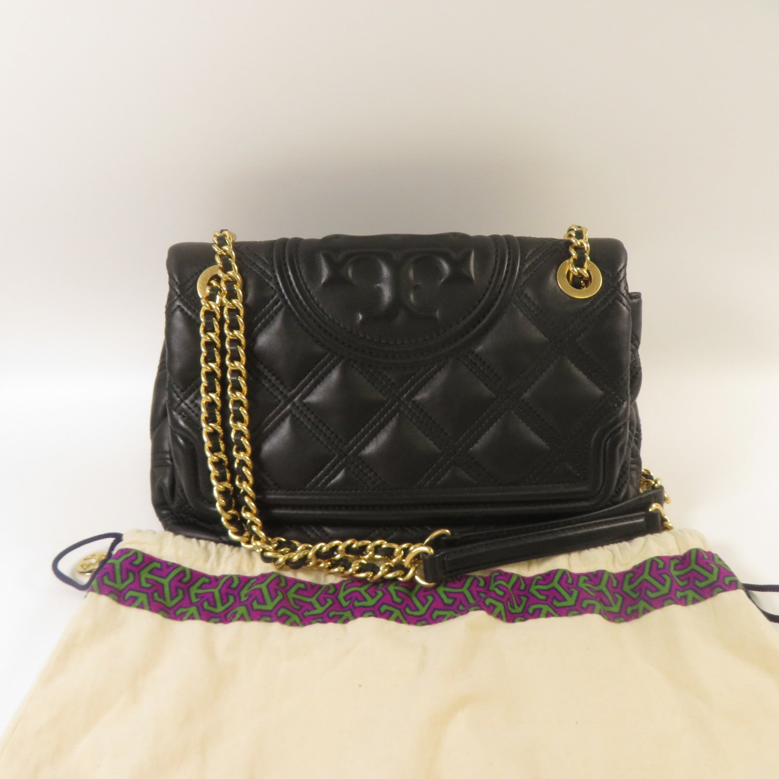 Tory Burch 菱格羊皮皮革Chain Shoulder金扣鏈帶肩背袋黑色