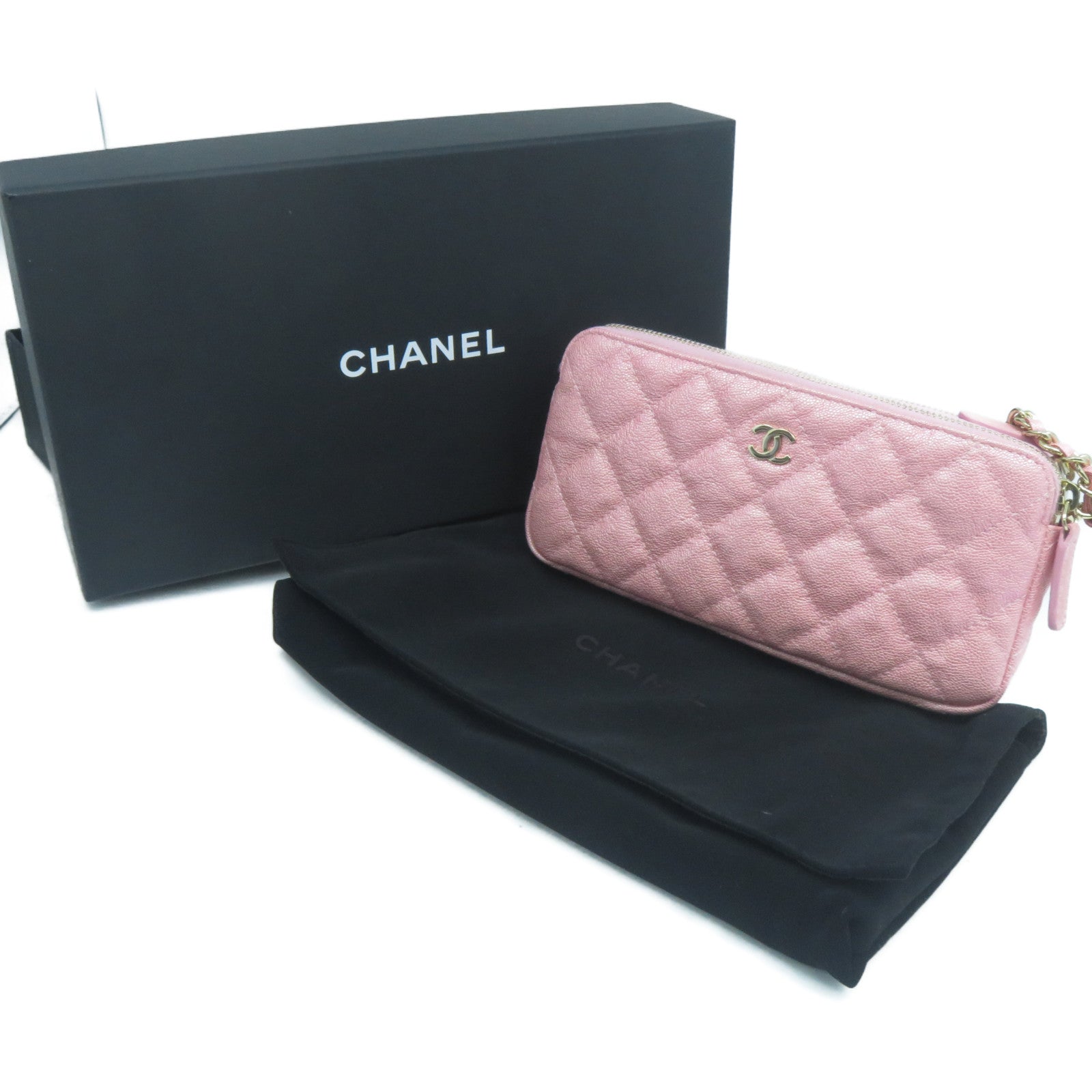 CHANEL 菱格牛皮皮革Clutch With Chain金扣手拿包粉紅色