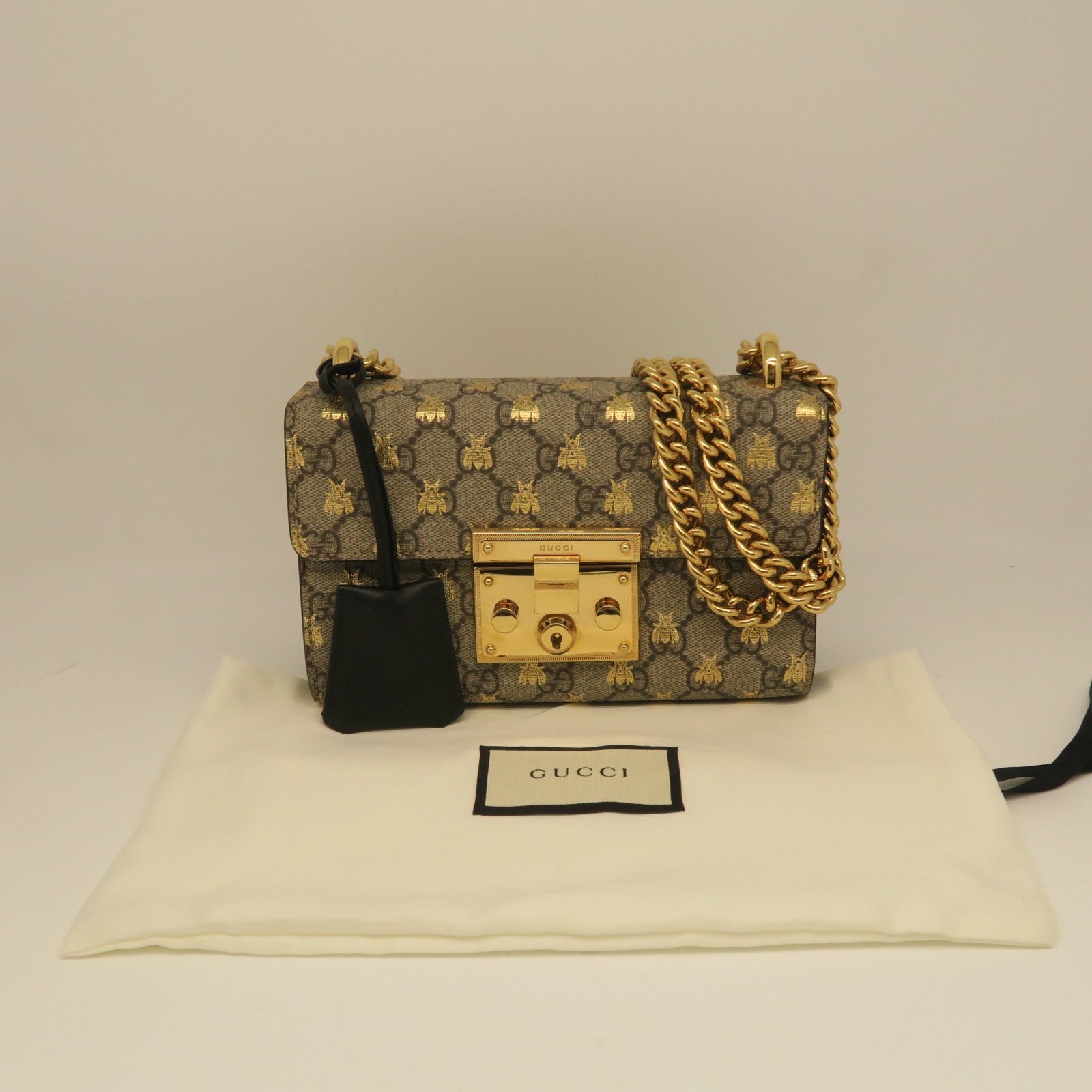 GUCCI Coated Canvas Chain Shoulder Gold Buckle Shoulder Bag Gray