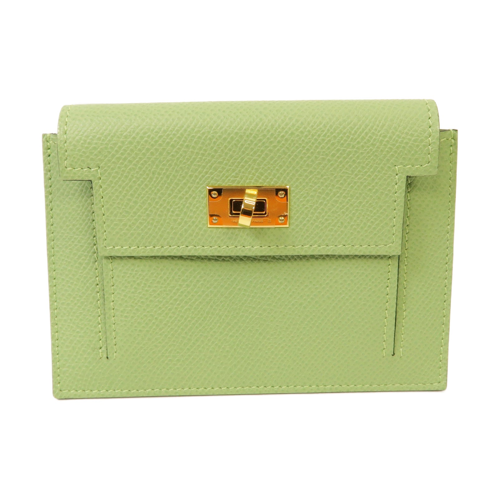 HERMES Epsom皮革Kelly Pocket金扣零錢包Vert Criquet浅綠色
