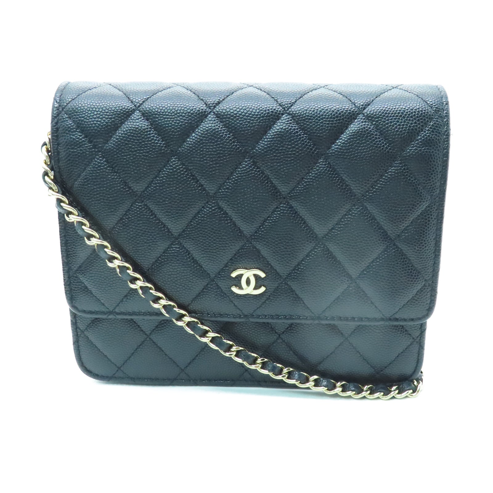 CHANEL 菱格Caviar皮革Chain Shoulder銀扣鏈帶肩背袋黑色