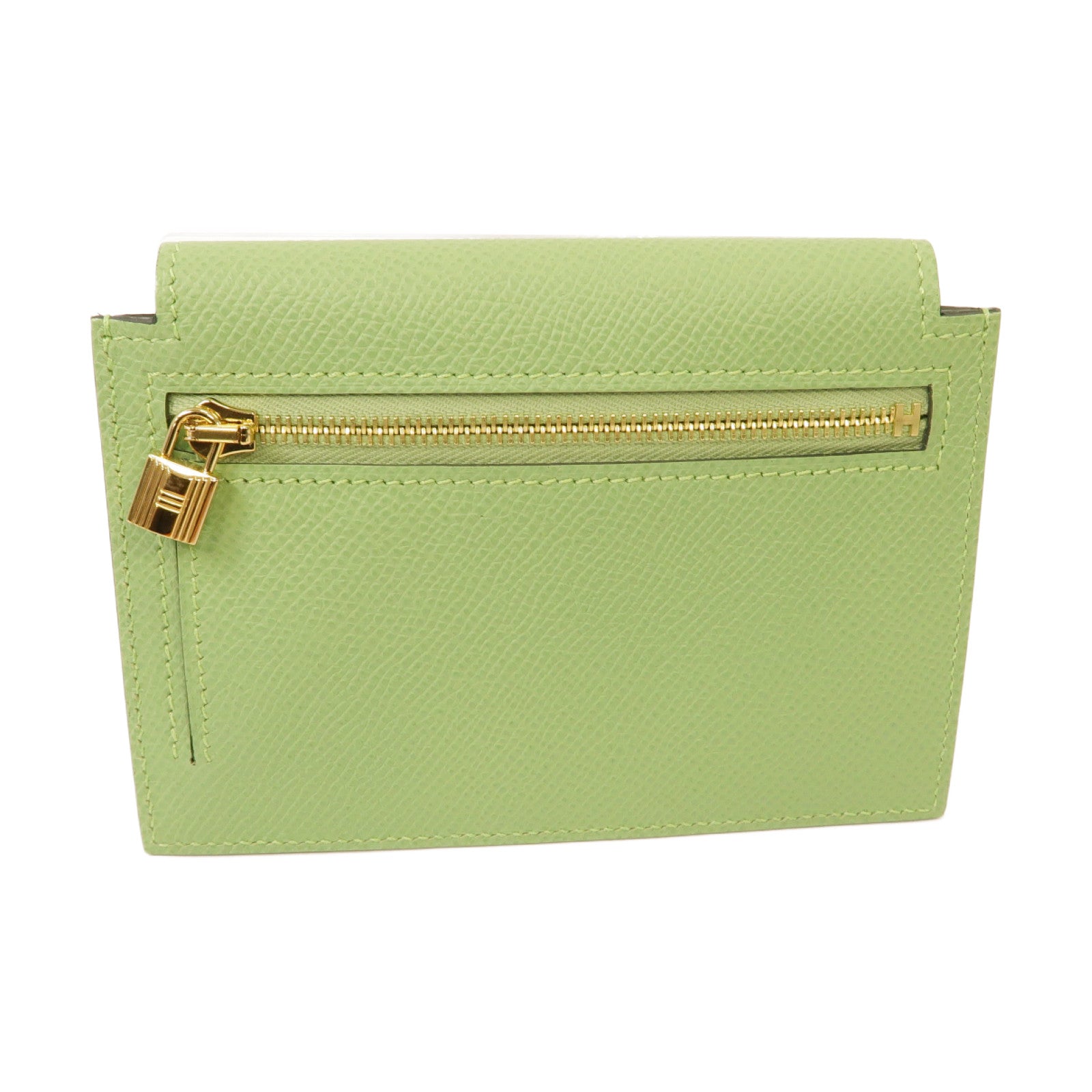 HERMES Epsom皮革Kelly Pocket金扣零錢包Vert Criquet浅綠色