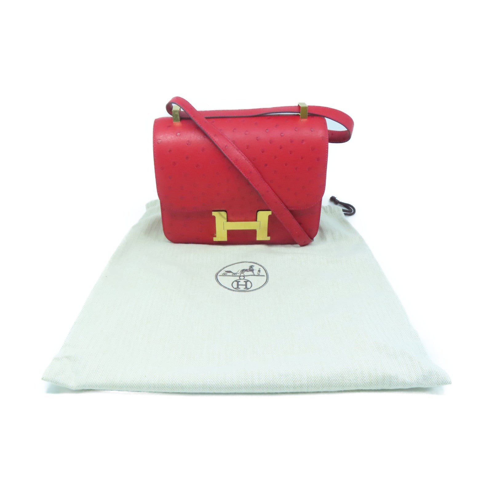 HERMES Ostrich Leather Constance 24 Gold Buckle Shoulder Bag Ostrich Red