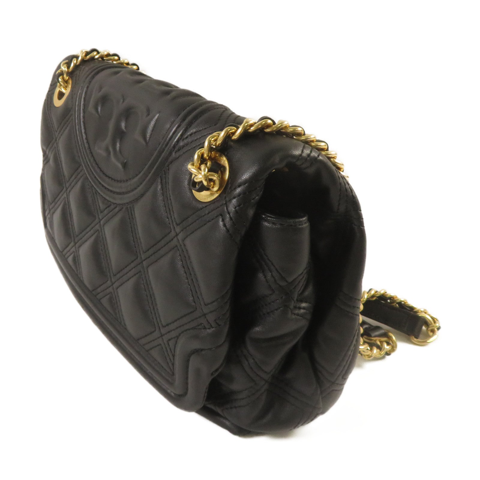 Tory Burch 菱格羊皮皮革Chain Shoulder金扣鏈帶肩背袋黑色