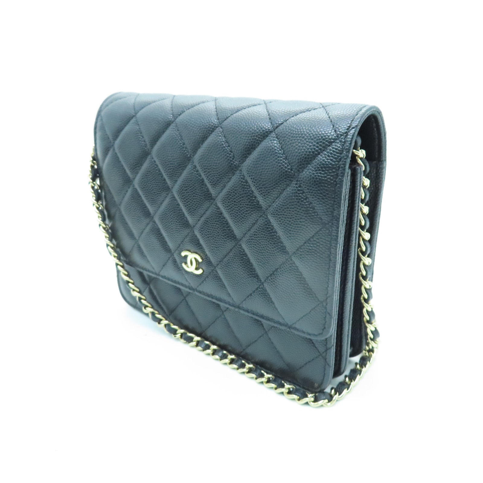CHANEL 菱格Caviar皮革Chain Shoulder銀扣鏈帶肩背袋黑色