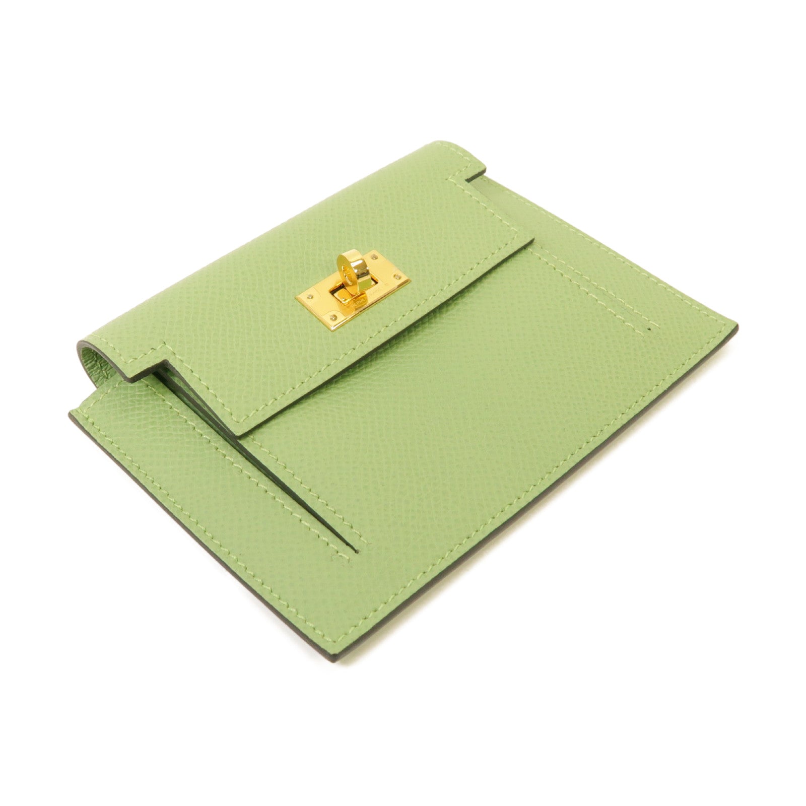 HERMES Epsom皮革Kelly Pocket金扣零錢包Vert Criquet浅綠色