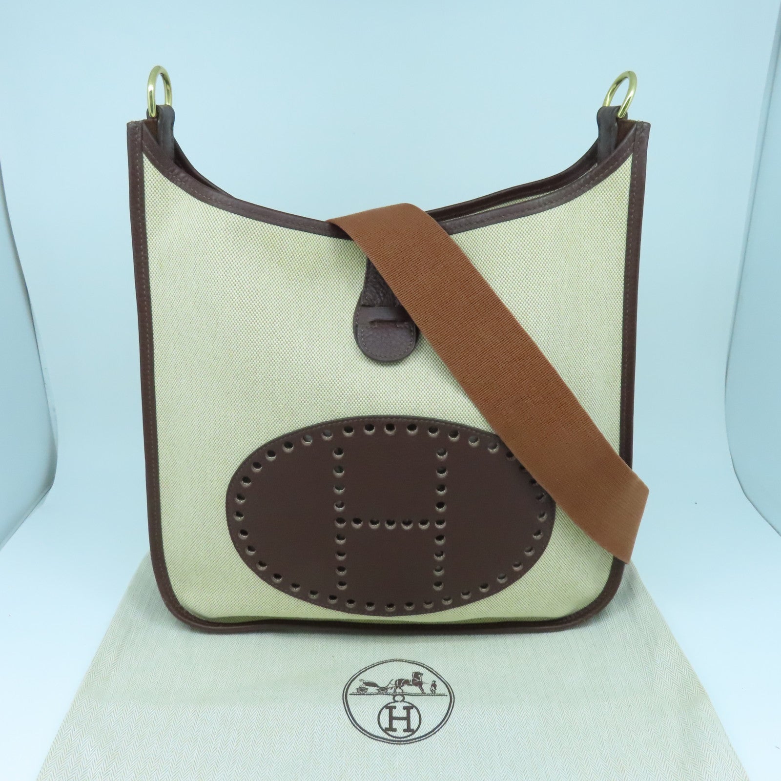 HERMES 帆布/皮革Evelyne GM金扣肩背袋啡色/米色