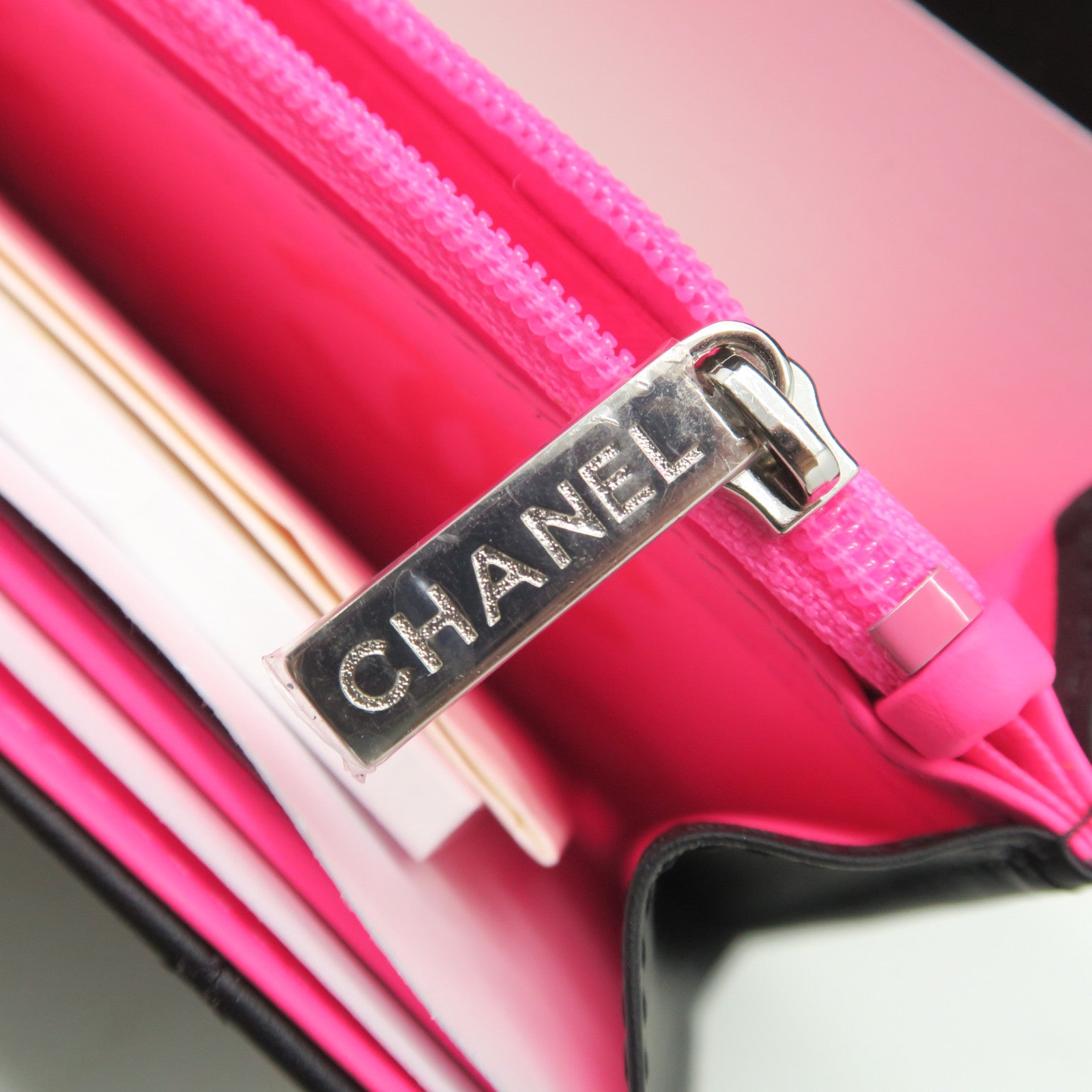 CHANEL 菱格牛皮皮革Cambon Wallet銀扣長錢包黑色