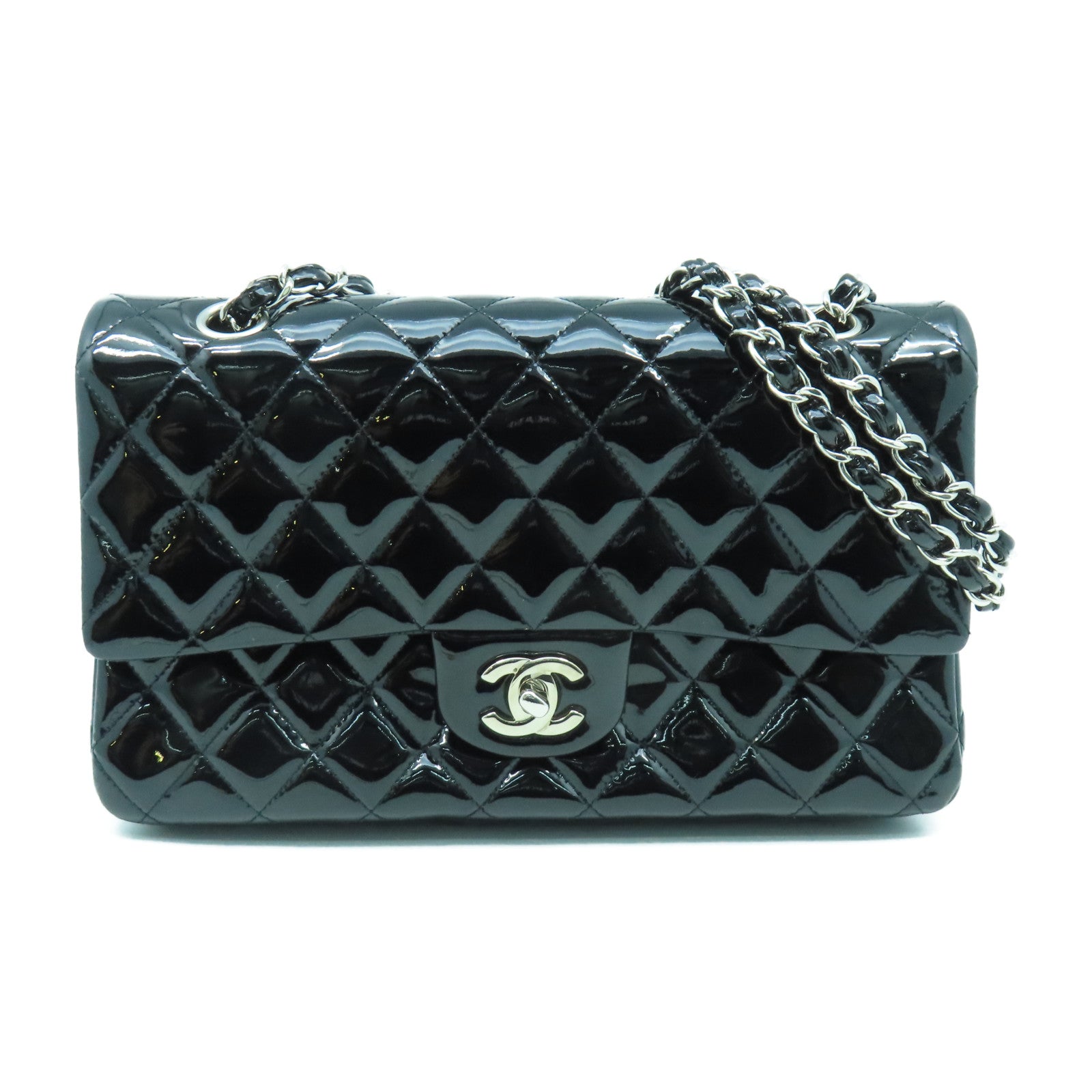 CHANEL 菱格漆皮皮革Classic 25cm銀扣鏈帶肩背袋黑色
