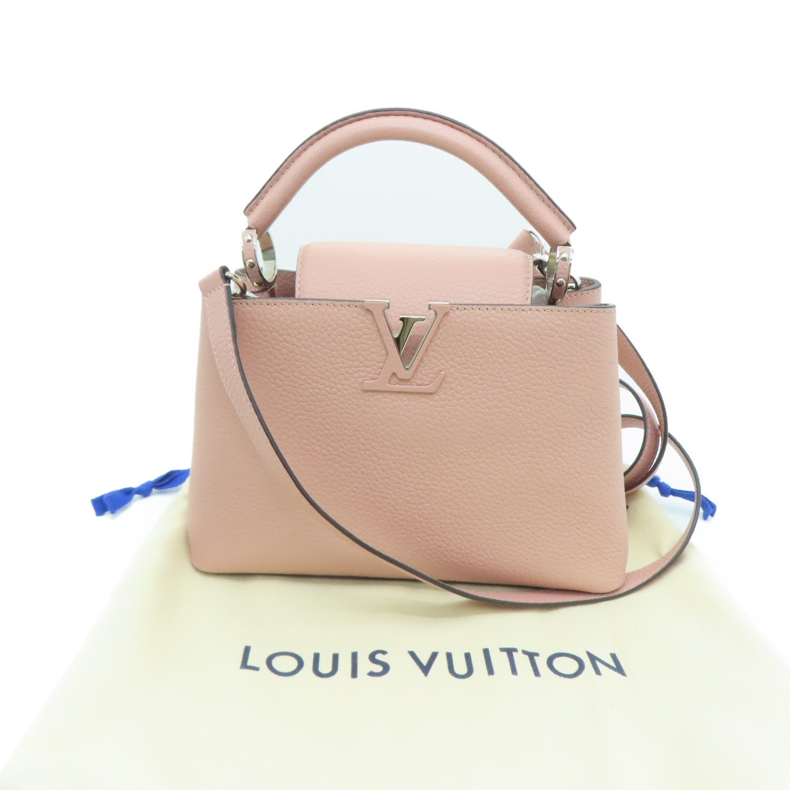 LOUIS VUITTON Taurillon皮革Capucines BB银扣手挽肩背两用袋粉红色