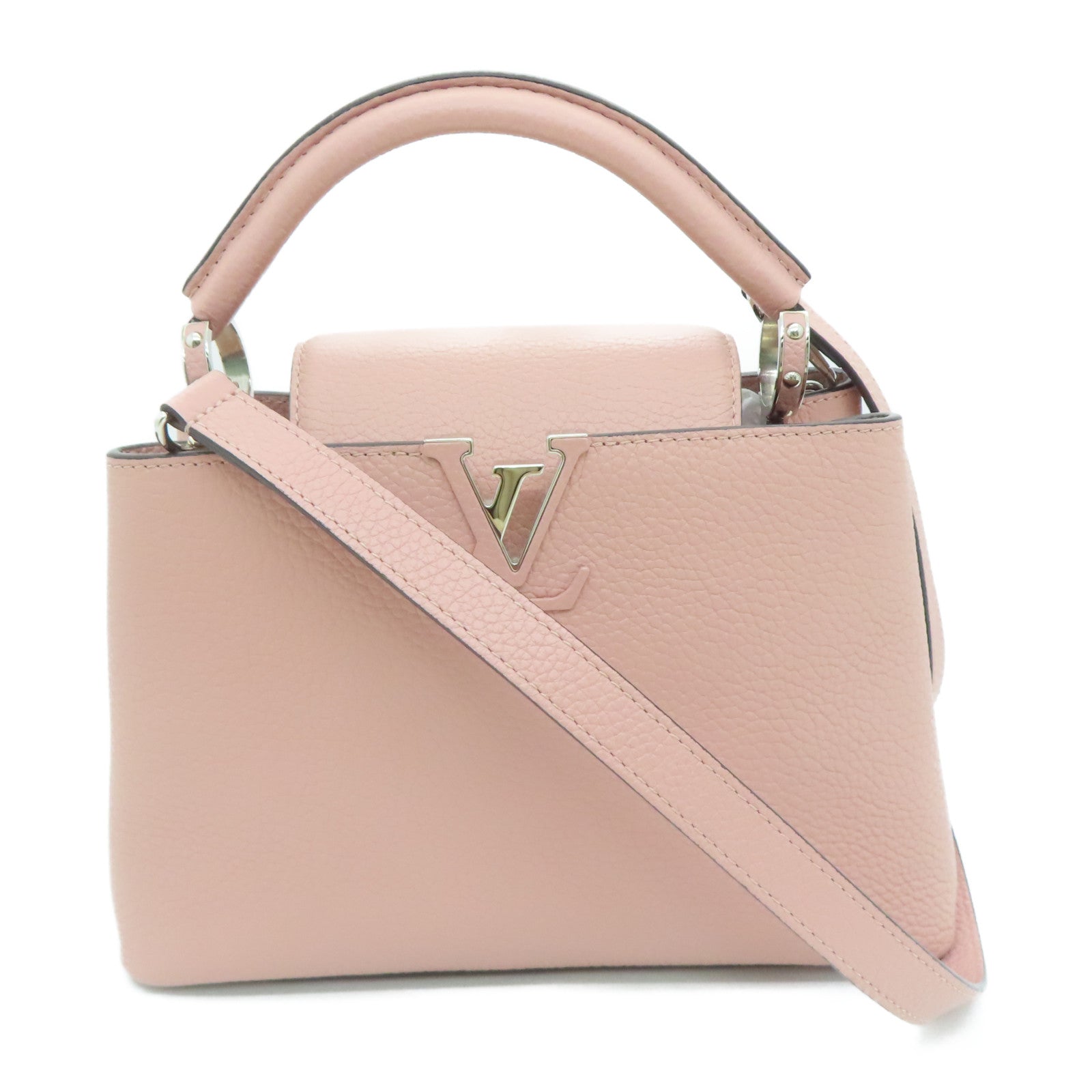 LOUIS VUITTON Taurillon皮革Capucines BB银扣手挽肩背两用袋粉红色