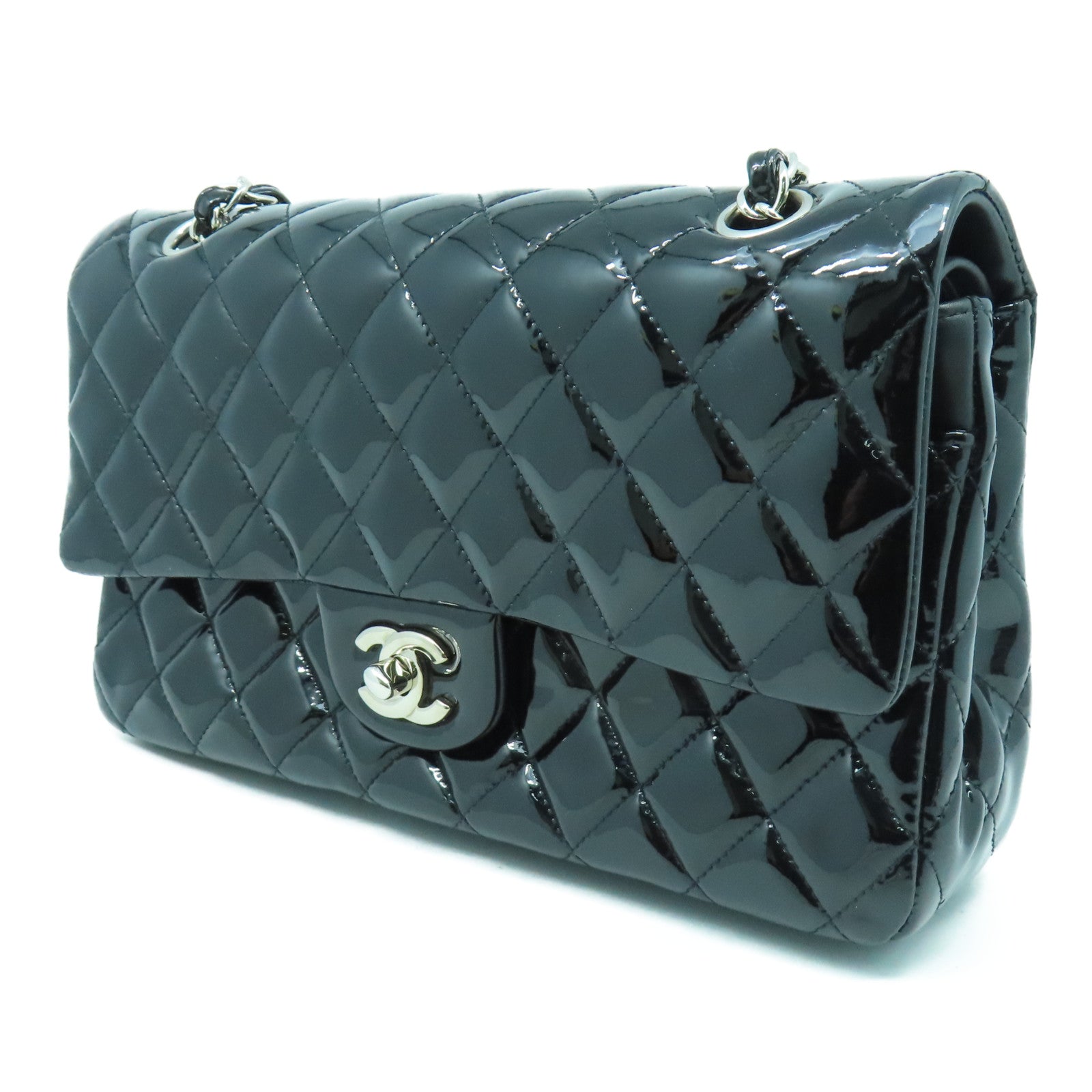 CHANEL 菱格漆皮皮革Classic 25cm銀扣鏈帶肩背袋黑色