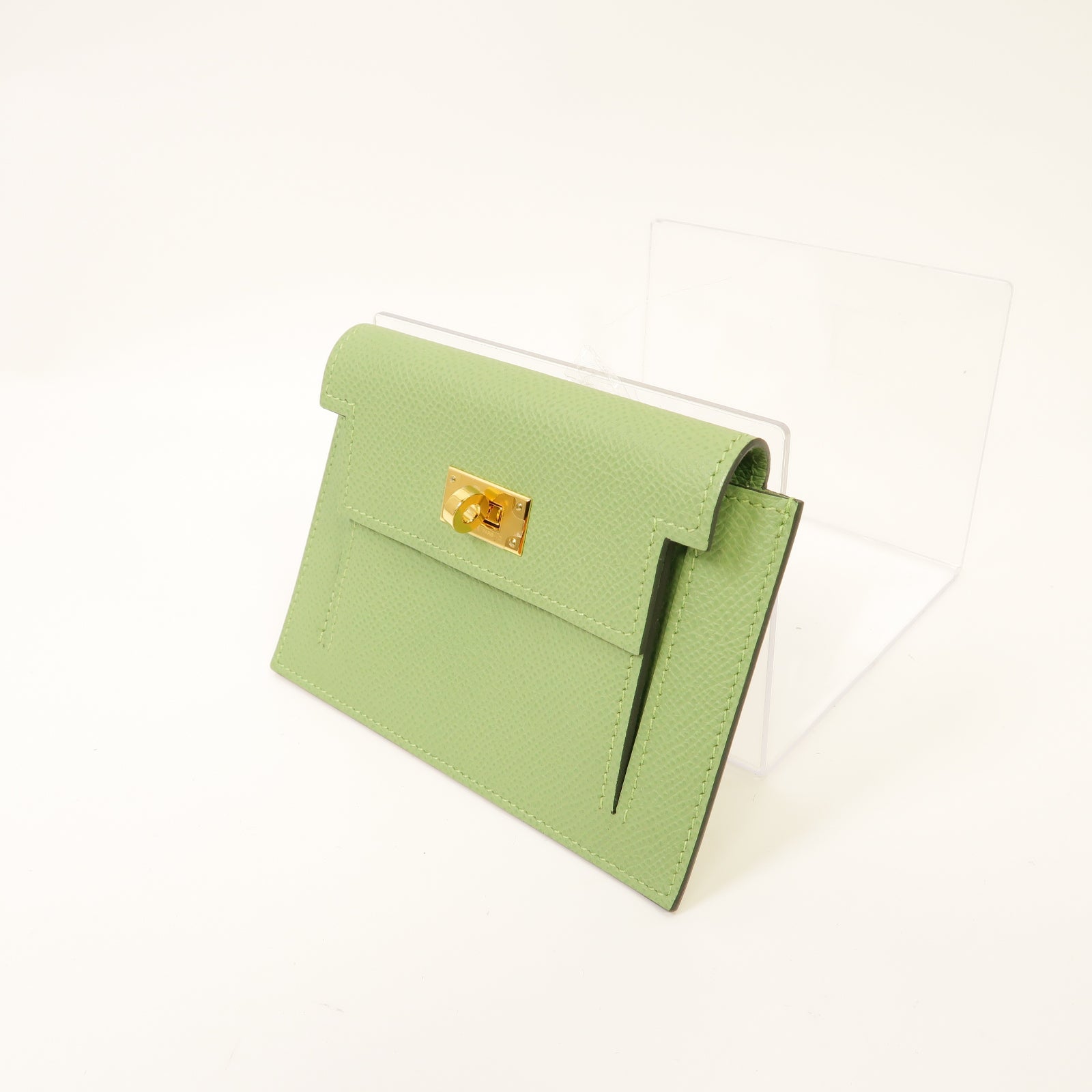 HERMES Epsom皮革Kelly Pocket金扣零錢包Vert Criquet浅綠色