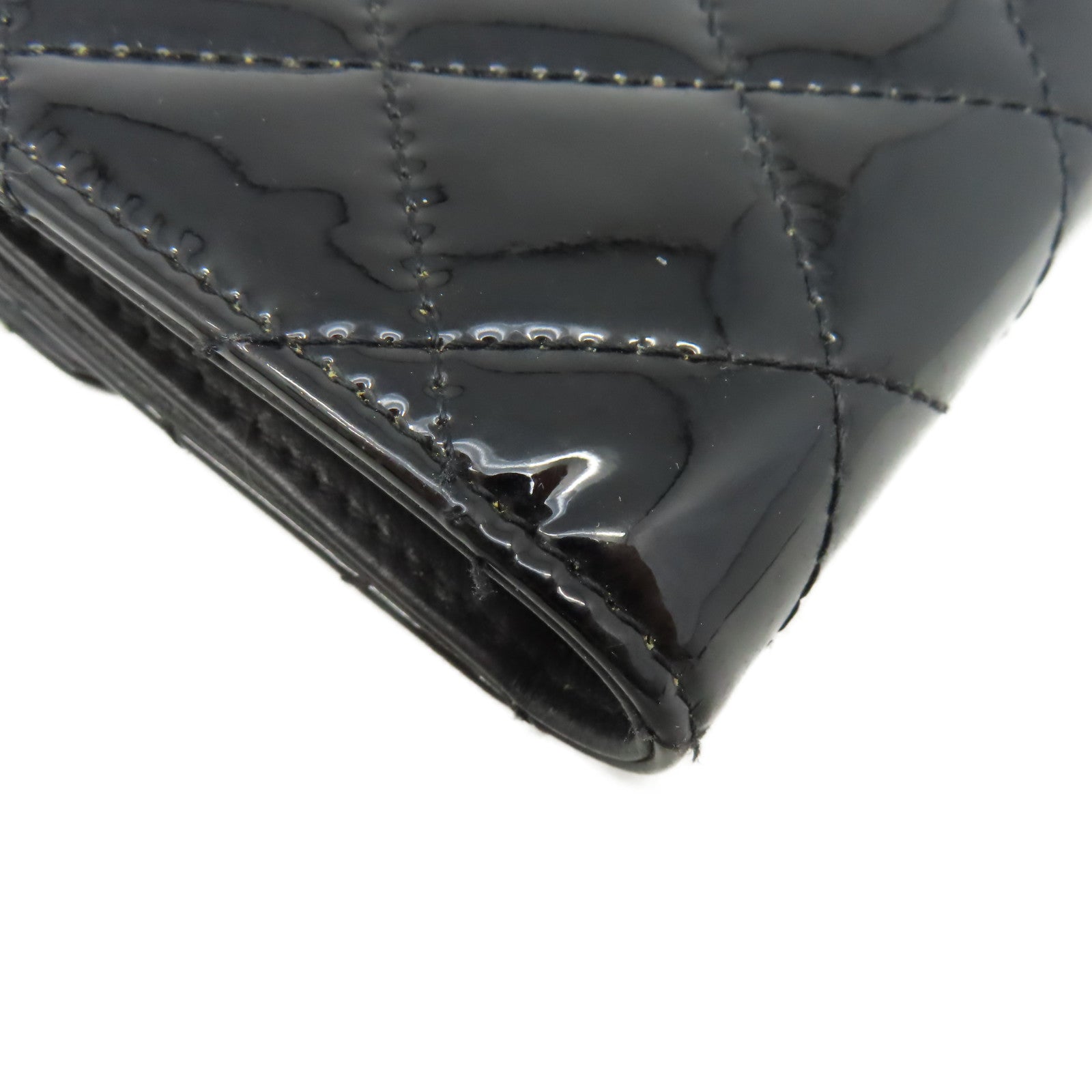 CHANEL 菱格漆皮皮革Short Wallet銀扣短錢包黑色