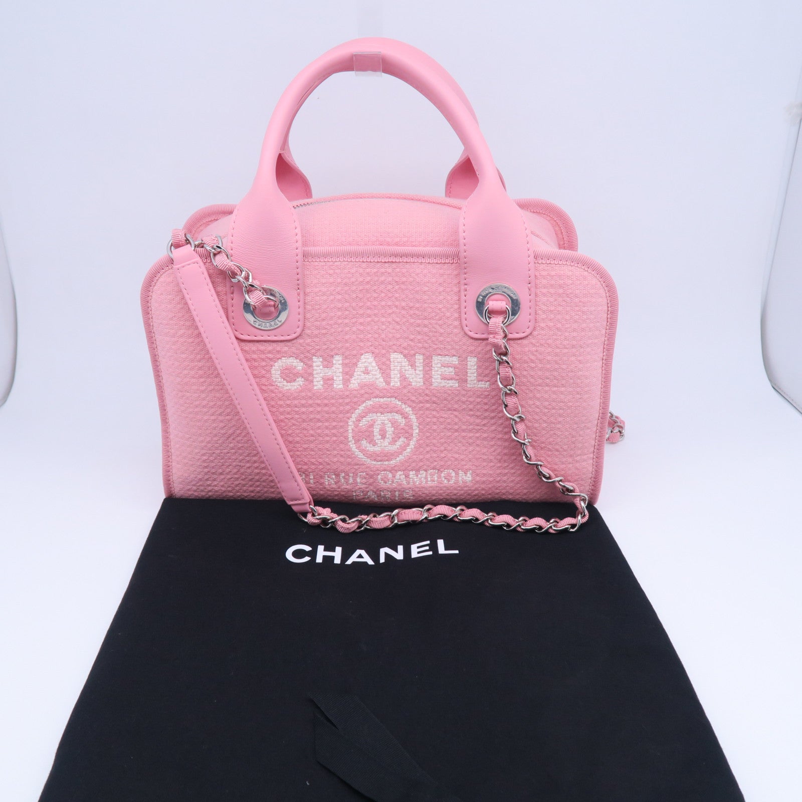 CHANEL 【激減優惠】帆布Deauville銀扣手挽鏈帶肩背兩用袋粉紅色