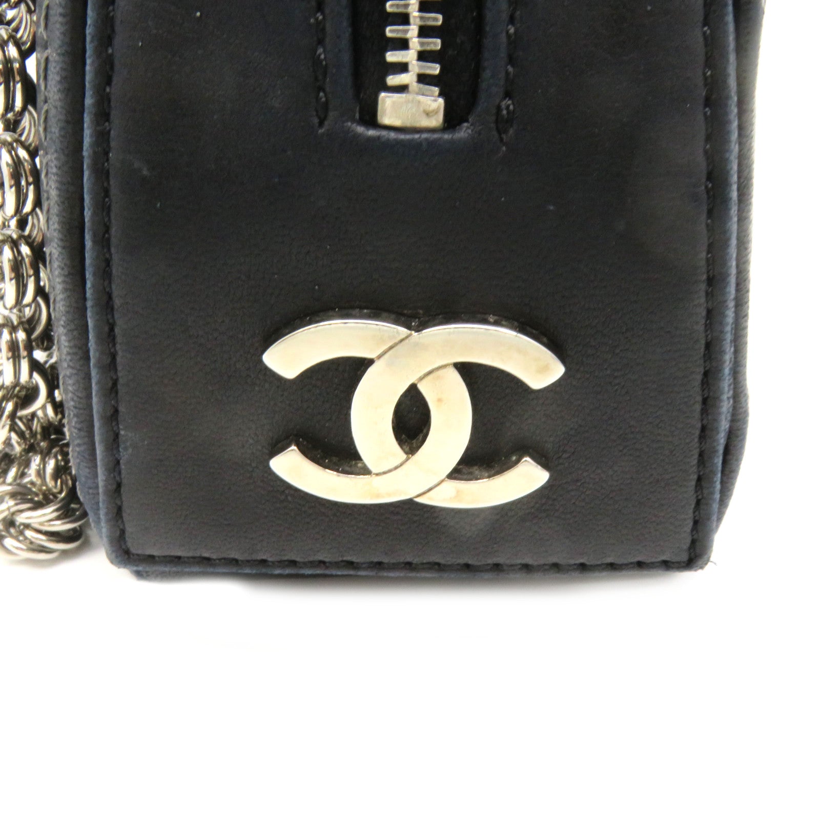CHANEL 羊皮皮革Chain Shoulder Bag銀扣鏈帶肩背袋黑色
