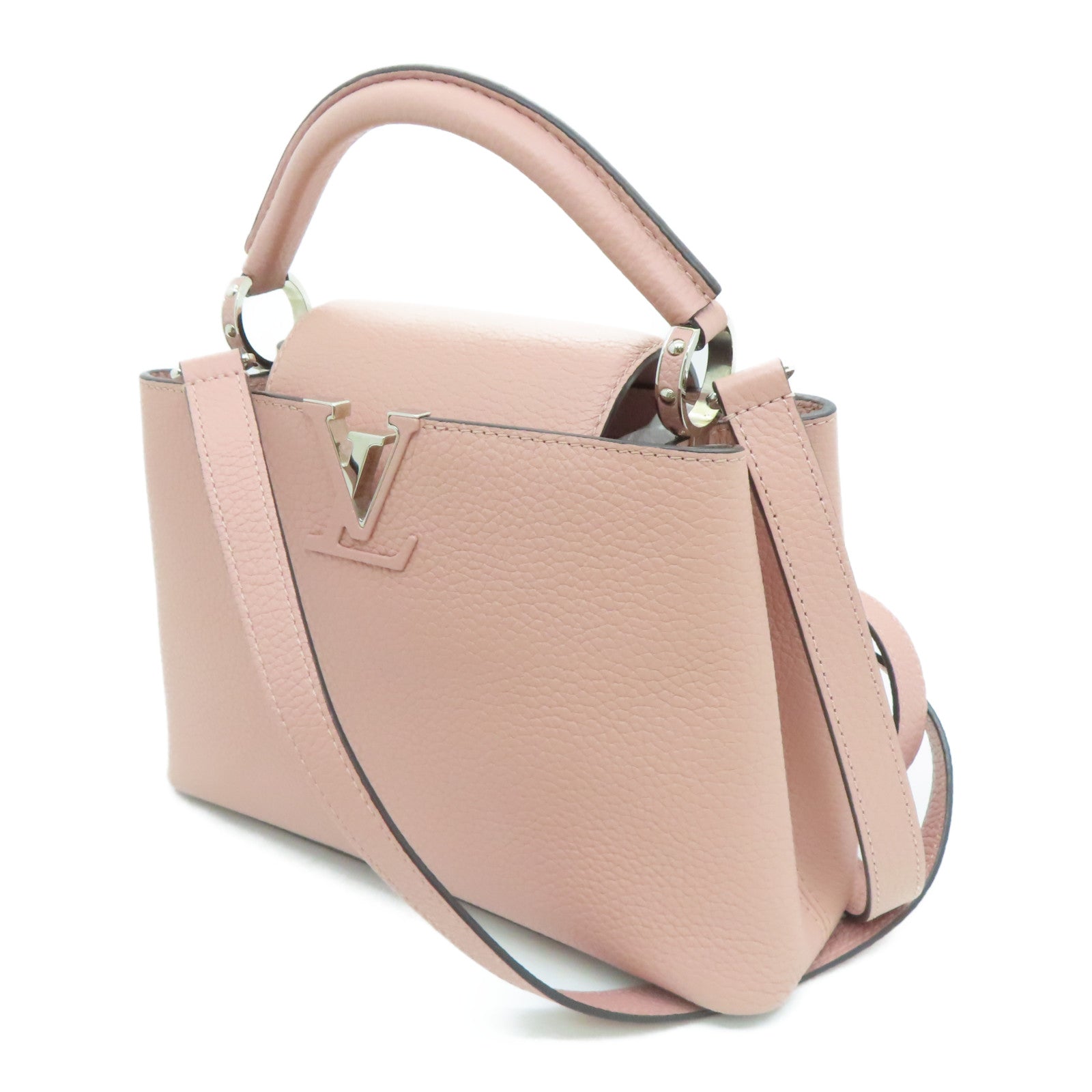 LOUIS VUITTON Taurillon皮革Capucines BB银扣手挽肩背两用袋粉红色