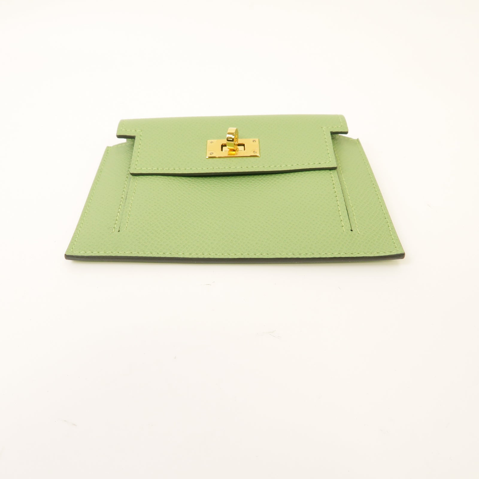 HERMES Epsom皮革Kelly Pocket金扣零錢包Vert Criquet浅綠色