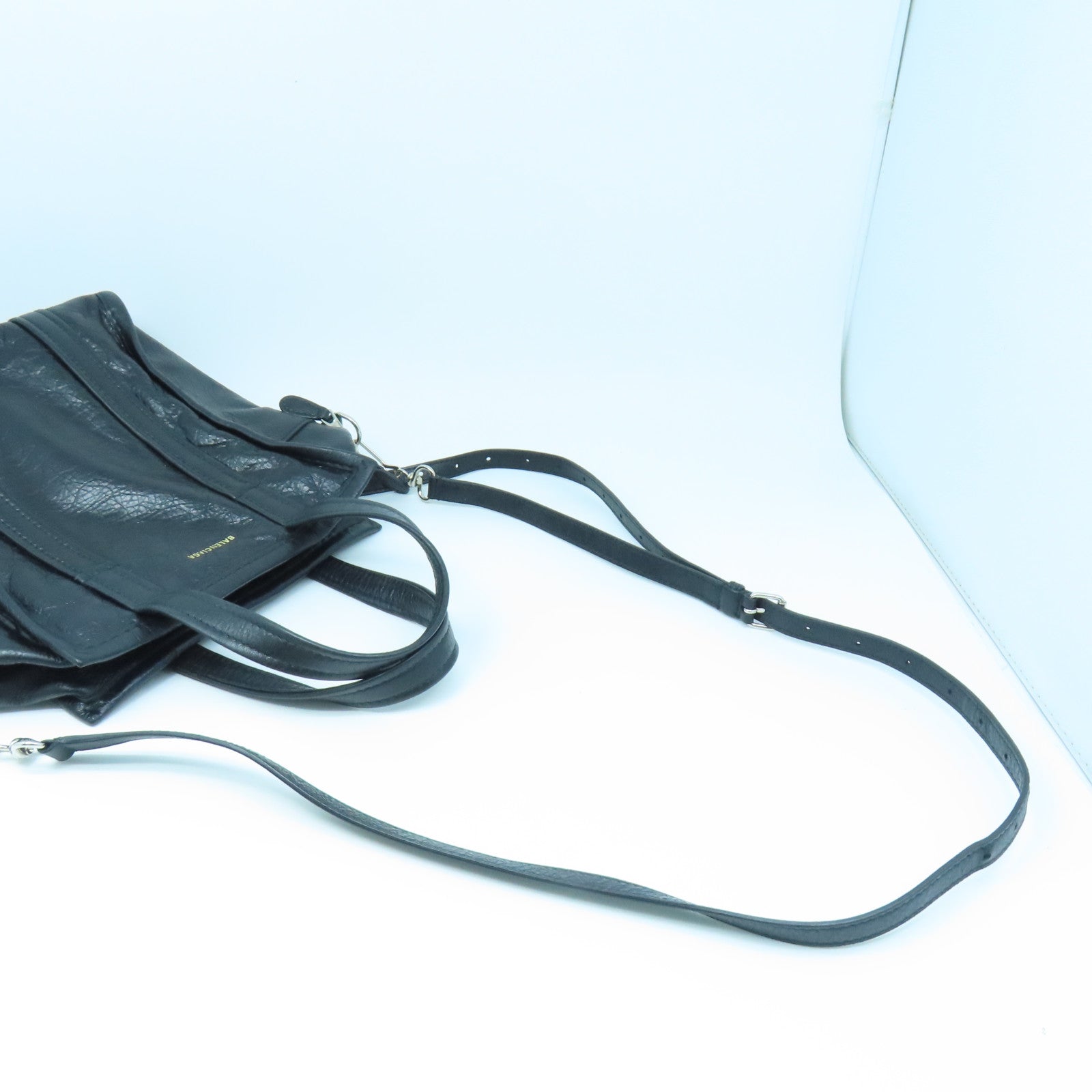 BALENCIAGA Cowhide Leather Shopper Bazar Silver Buckle Handle Shoulder Backpack Black