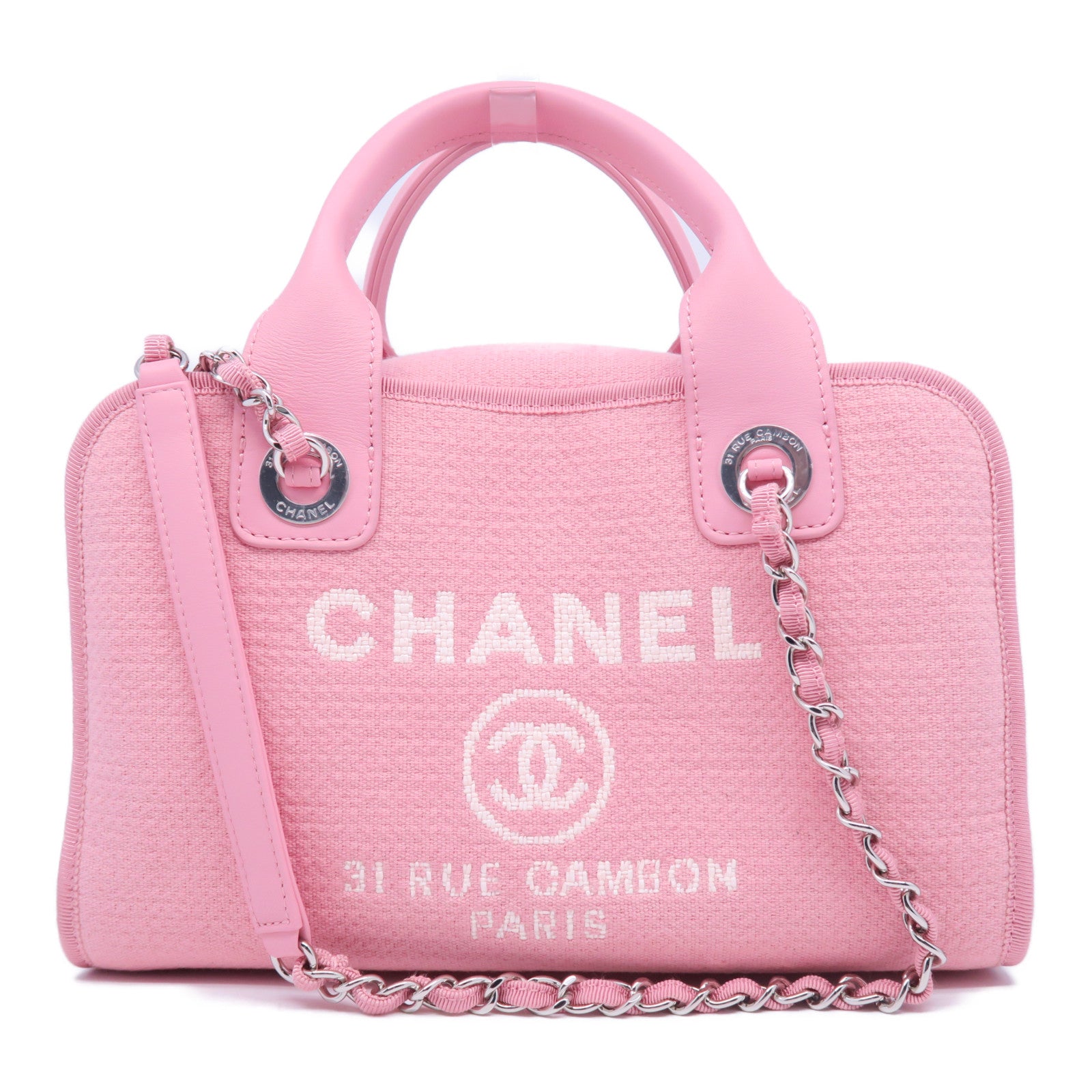 CHANEL 【激減優惠】帆布Deauville銀扣手挽鏈帶肩背兩用袋粉紅色