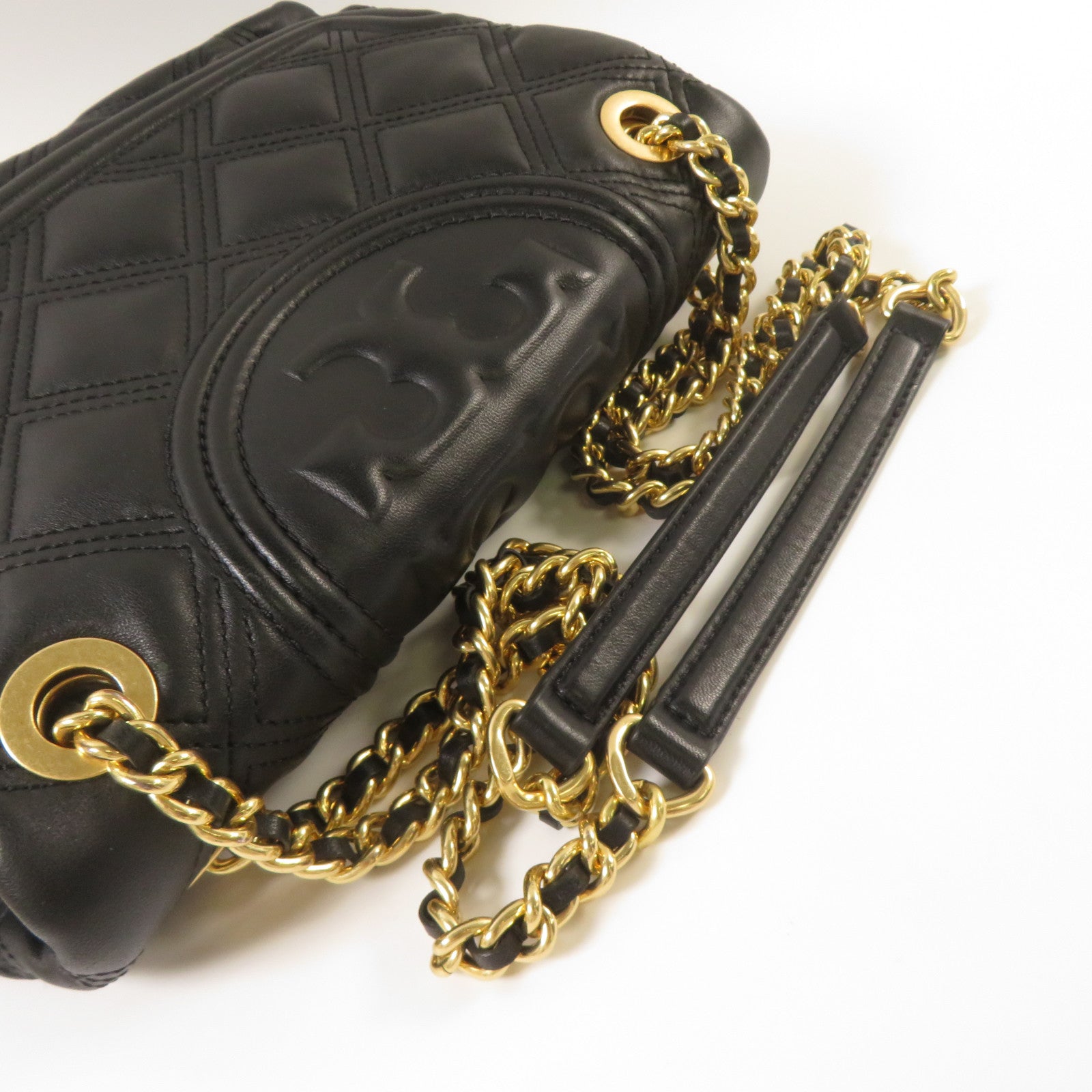 Tory Burch 菱格羊皮皮革Chain Shoulder金扣鏈帶肩背袋黑色