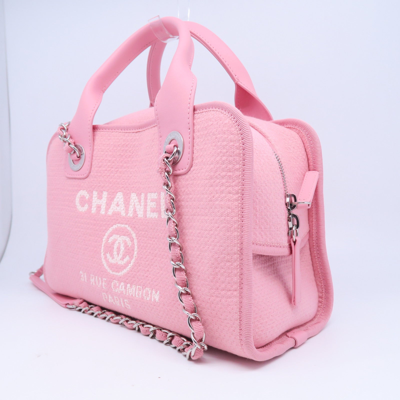 CHANEL 【激減優惠】帆布Deauville銀扣手挽鏈帶肩背兩用袋粉紅色
