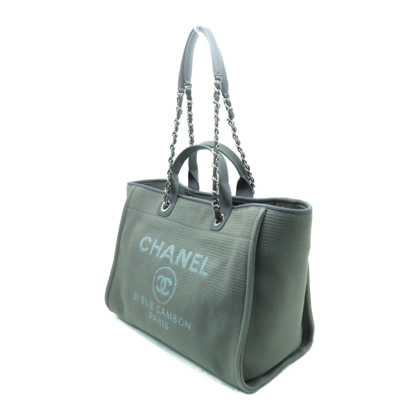 CHANEL 帆布Deauville Tote銀扣手挽肩背兩用袋灰色