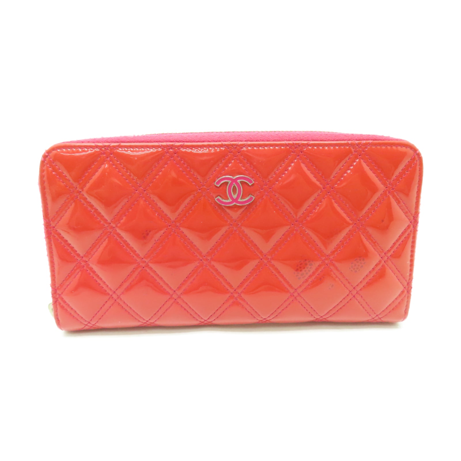 CHANEL 【激減優惠】菱格漆皮皮革Zipper Long Wallet銀扣長錢包紅色