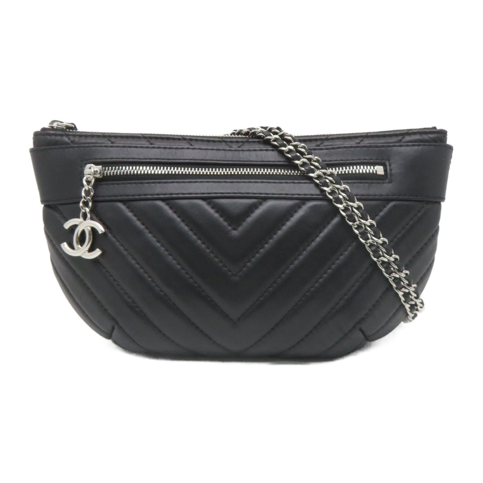 CHANEL 斜紋羊皮皮革Waist Bag銀扣腰包黑色