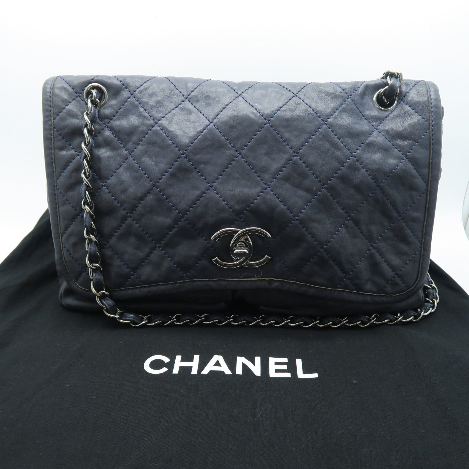 CHANEL 菱格羊皮皮革Chain Shoulder銀扣鏈帶肩背袋灰色