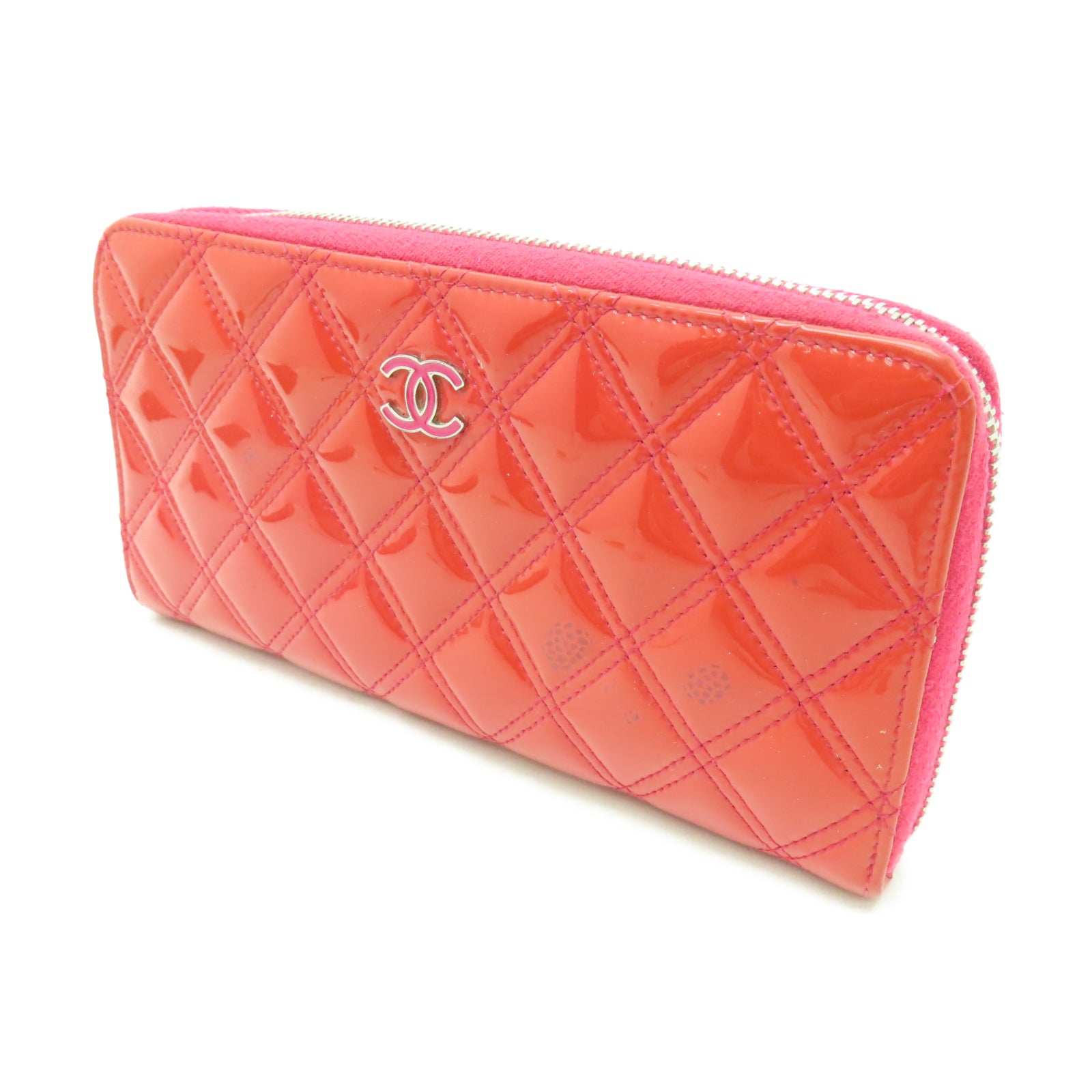 CHANEL 【激減優惠】菱格漆皮皮革Zipper Long Wallet銀扣長錢包紅色