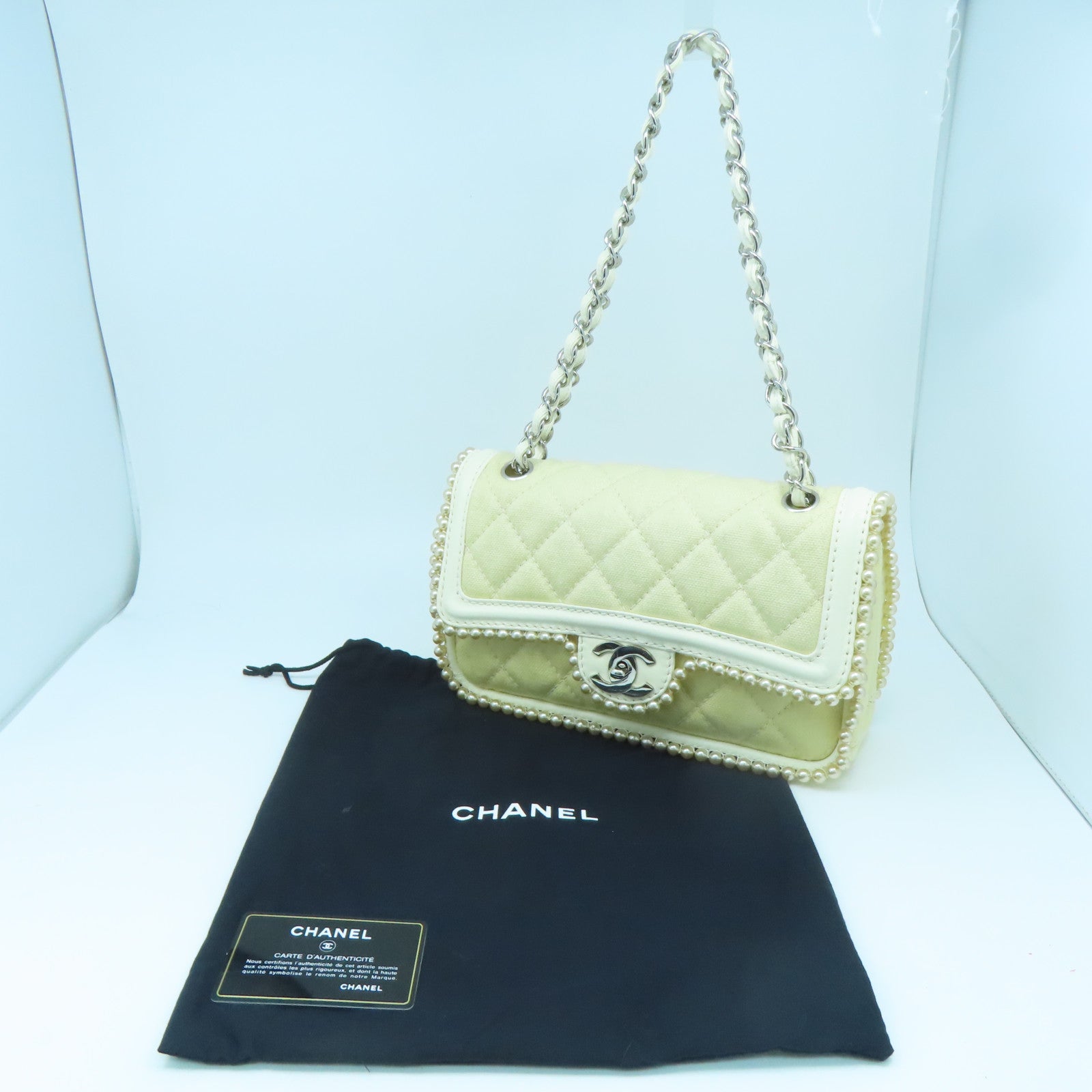 CHANEL Rhombus Leather Chain Shoulder Silver Buckle Shoulder Bag Beige