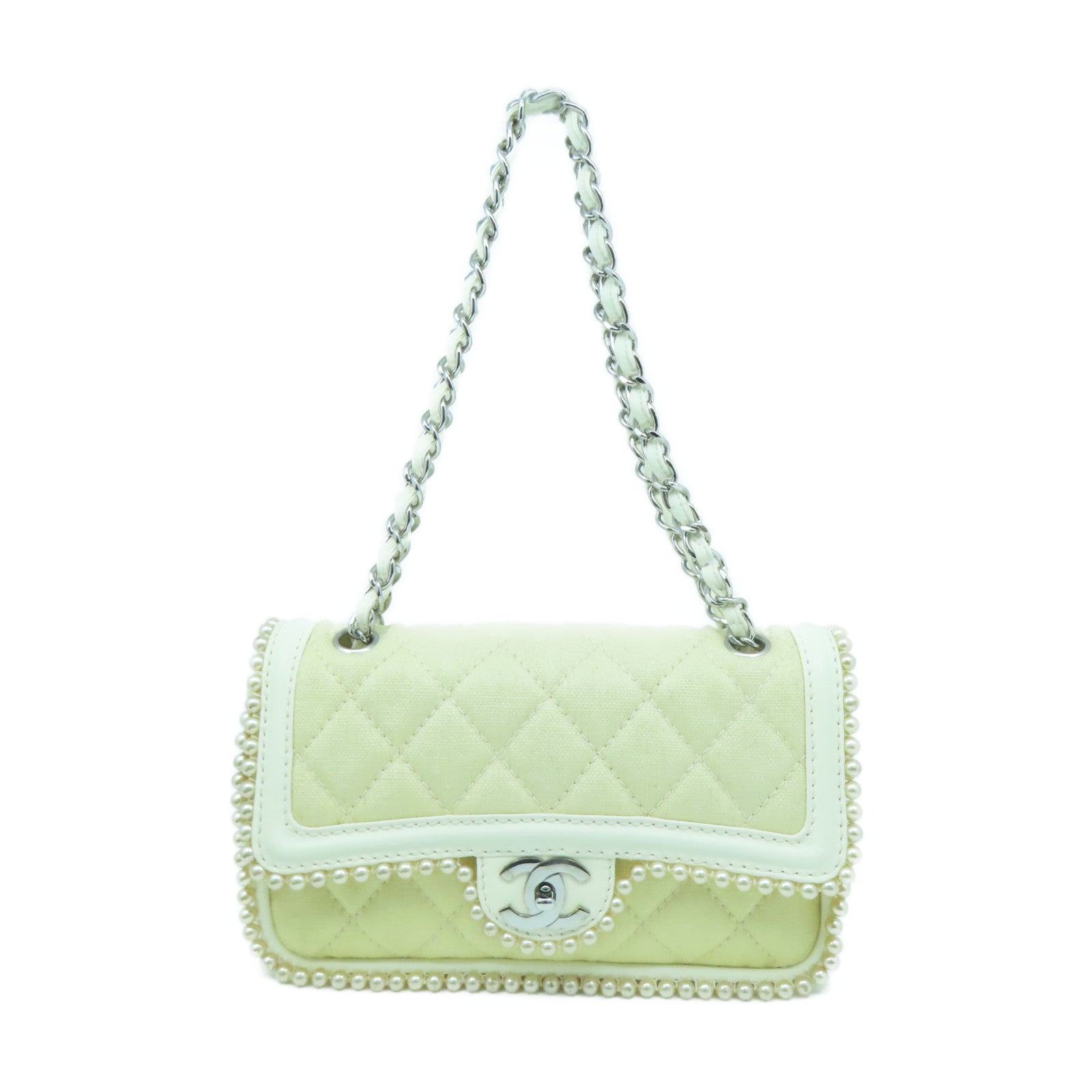 CHANEL Rhombus Leather Chain Shoulder Silver Buckle Shoulder Bag Beige