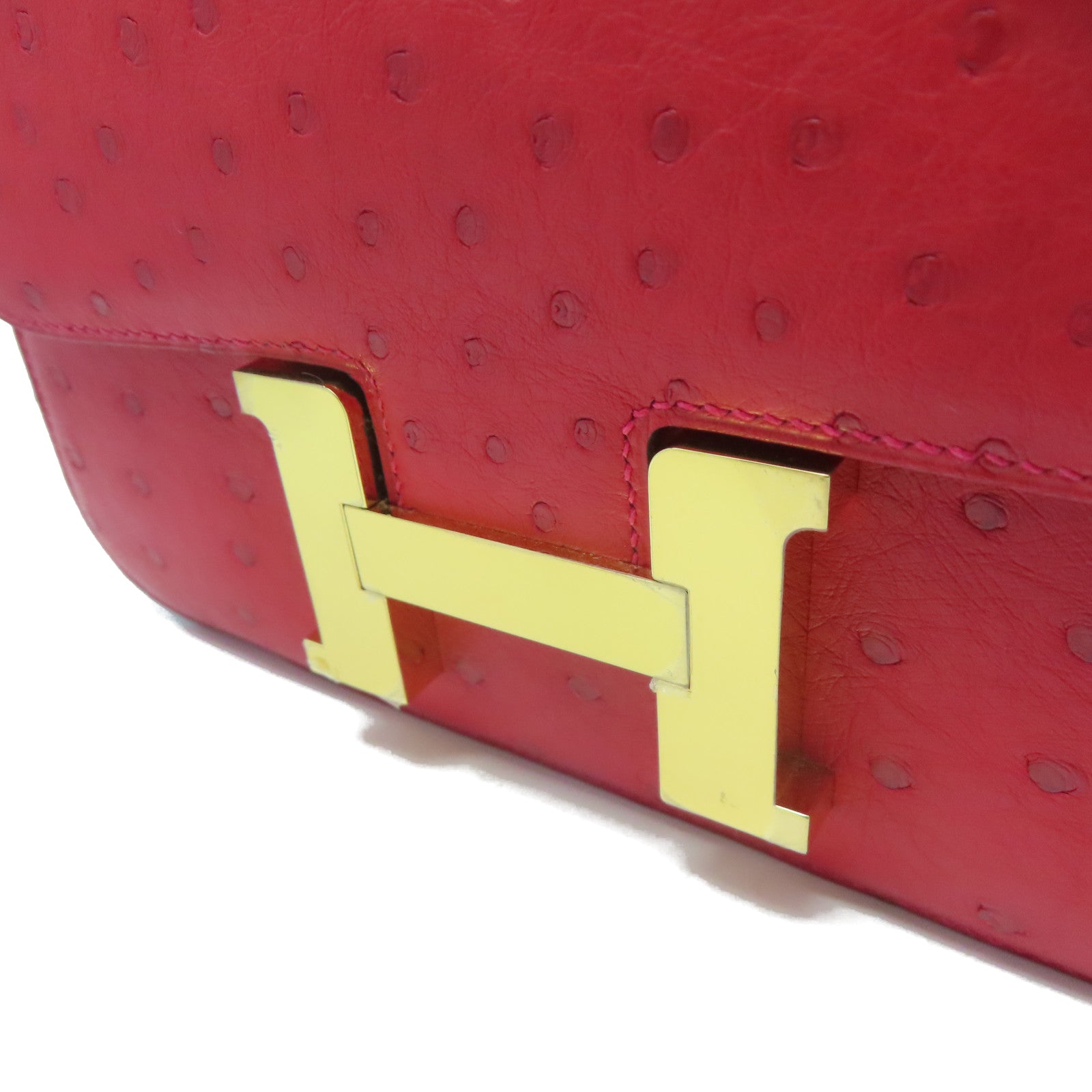 HERMES Ostrich Leather Constance 24 Gold Buckle Shoulder Bag Ostrich Red