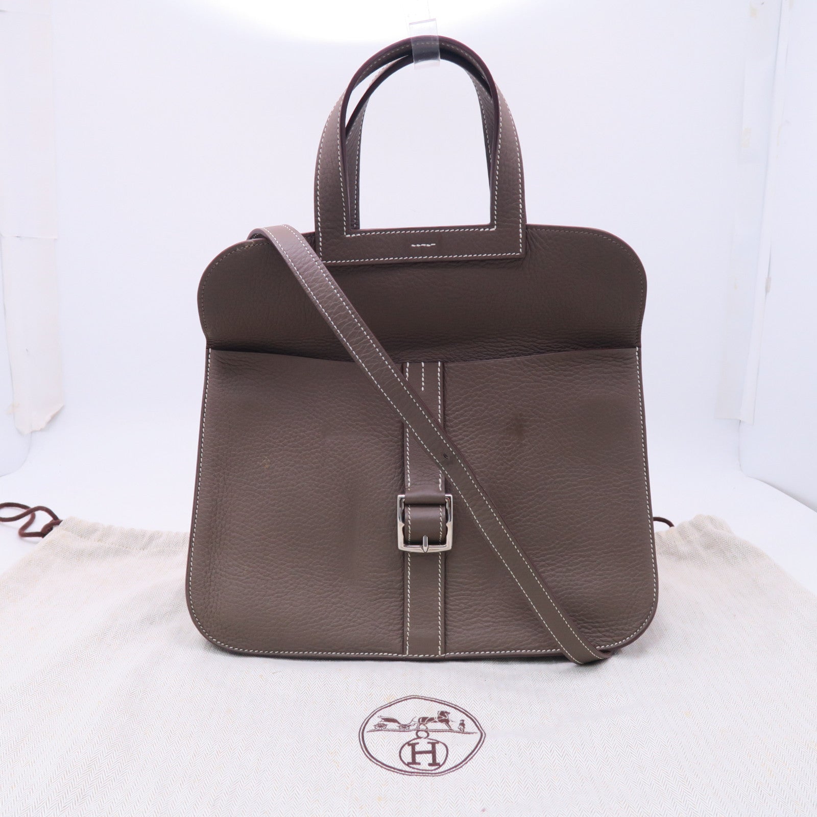 HERMES Clemence皮革Halzan 31銀扣手挽肩背兩用袋大象灰色