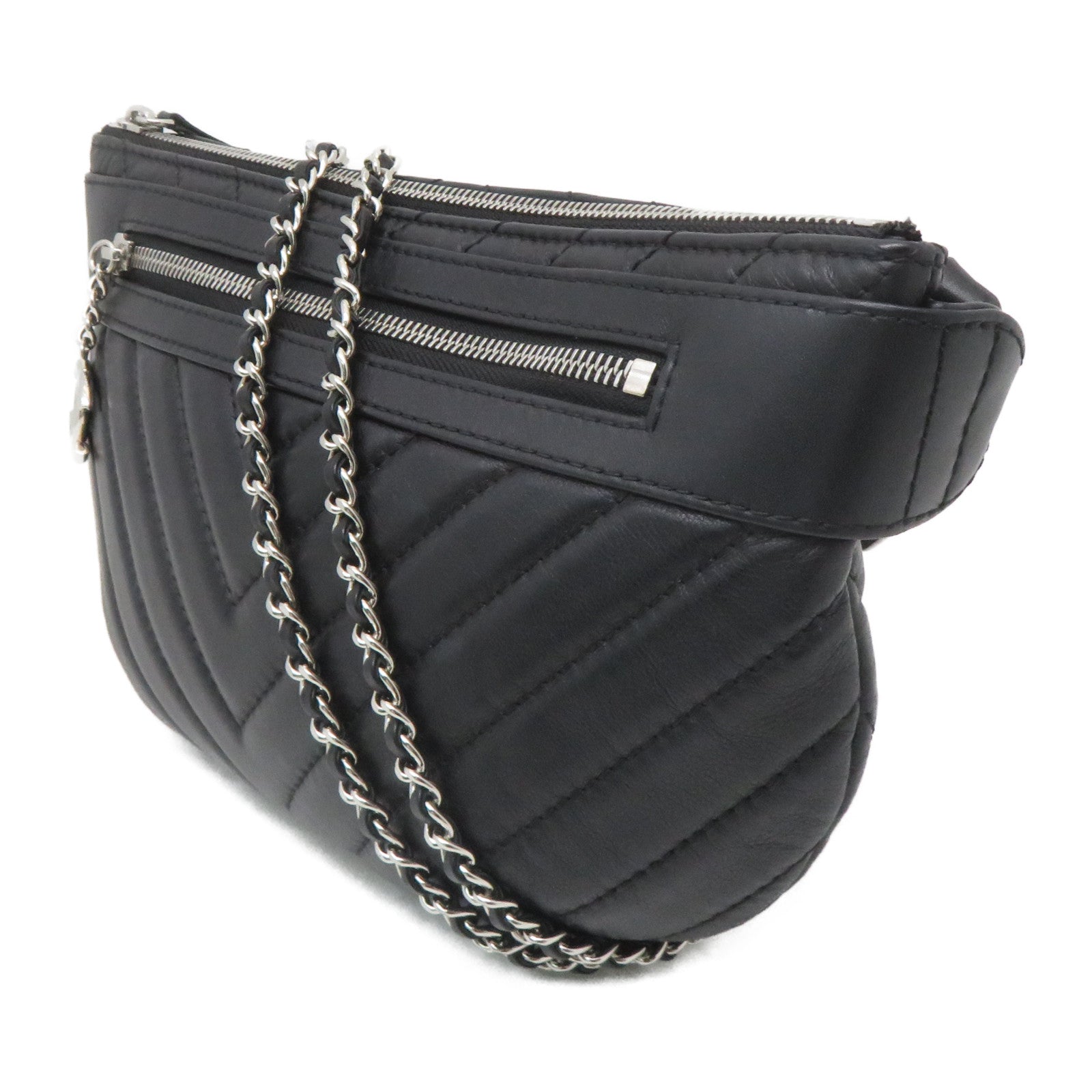 CHANEL 斜紋羊皮皮革Waist Bag銀扣腰包黑色