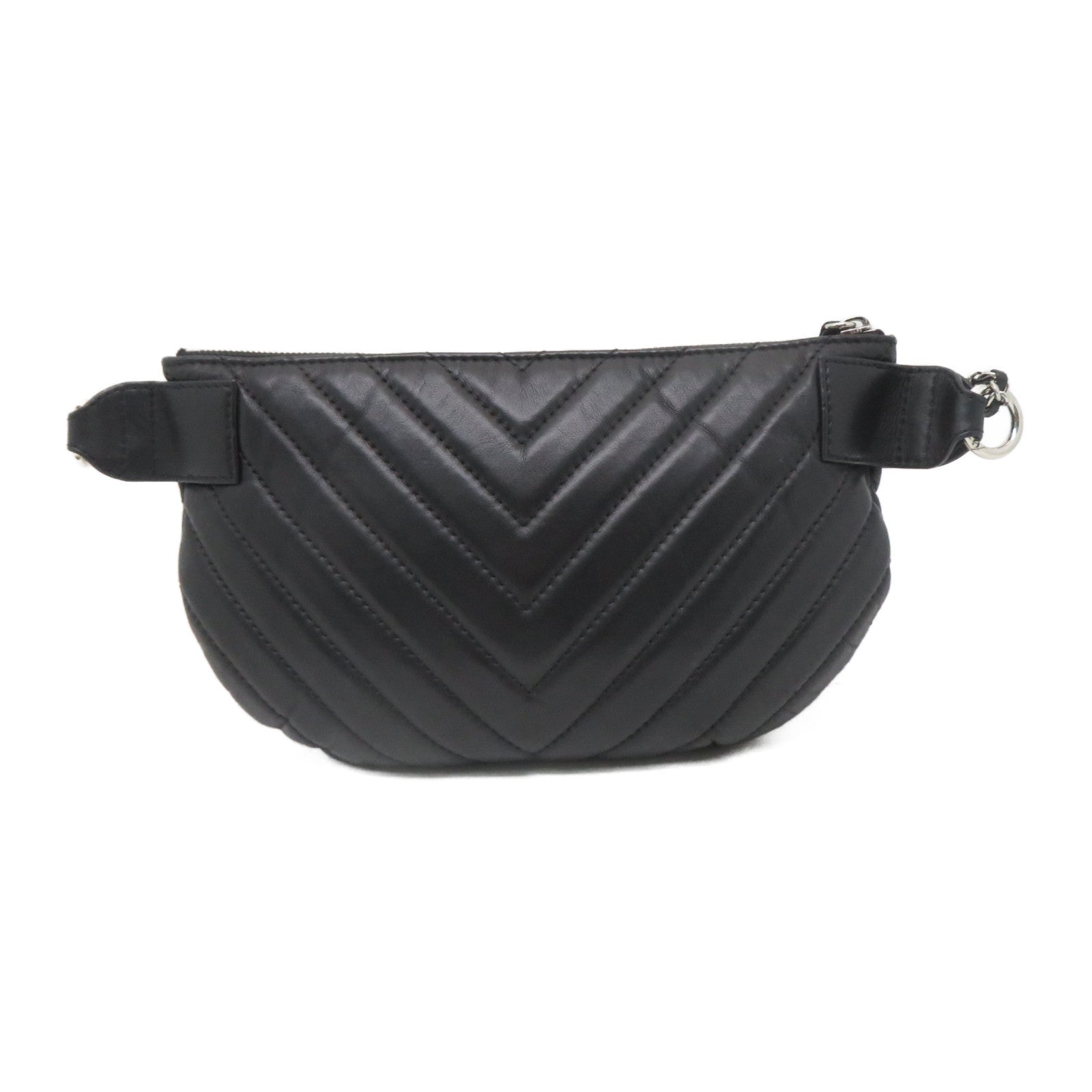 CHANEL 斜紋羊皮皮革Waist Bag銀扣腰包黑色
