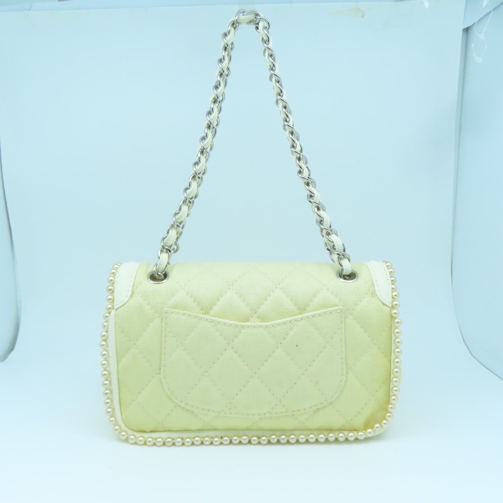 CHANEL Rhombus Leather Chain Shoulder Silver Buckle Shoulder Bag Beige